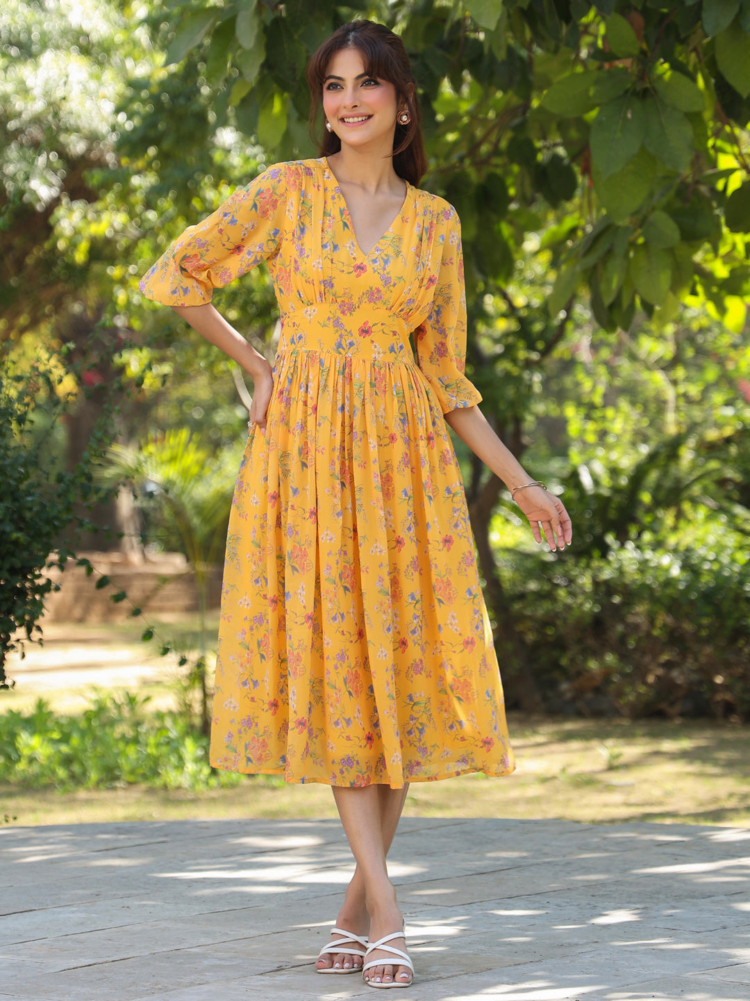 Mustard Georgette Floral Printed Gathered Dress - qivii