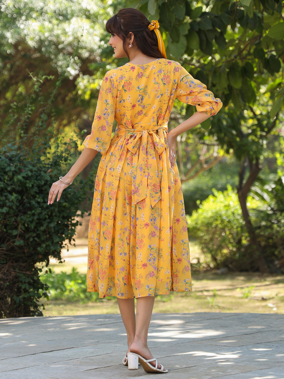 Mustard Georgette Floral Printed Gathered Dress - qivii
