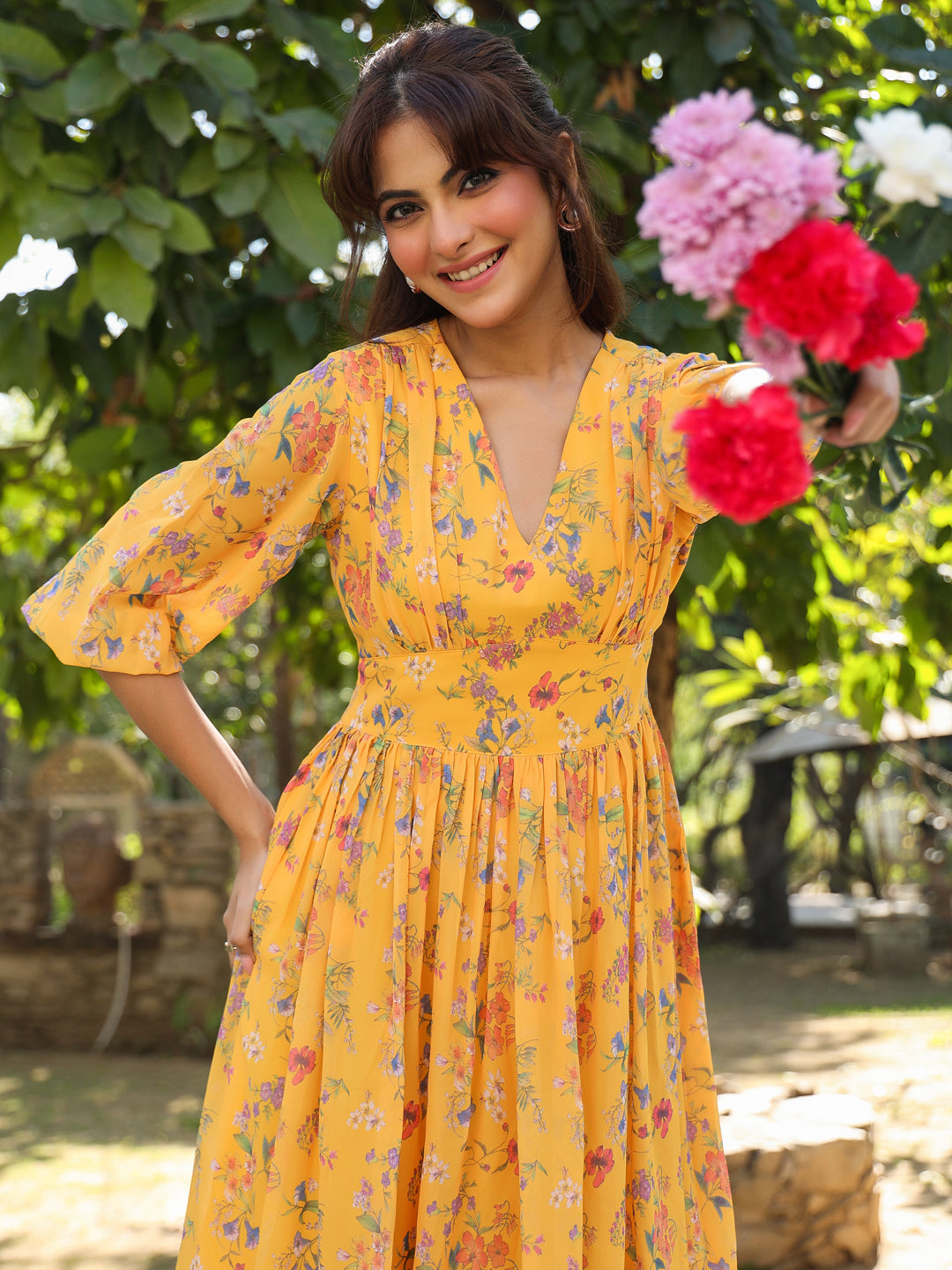 Mustard Georgette Floral Printed Gathered Dress - qivii