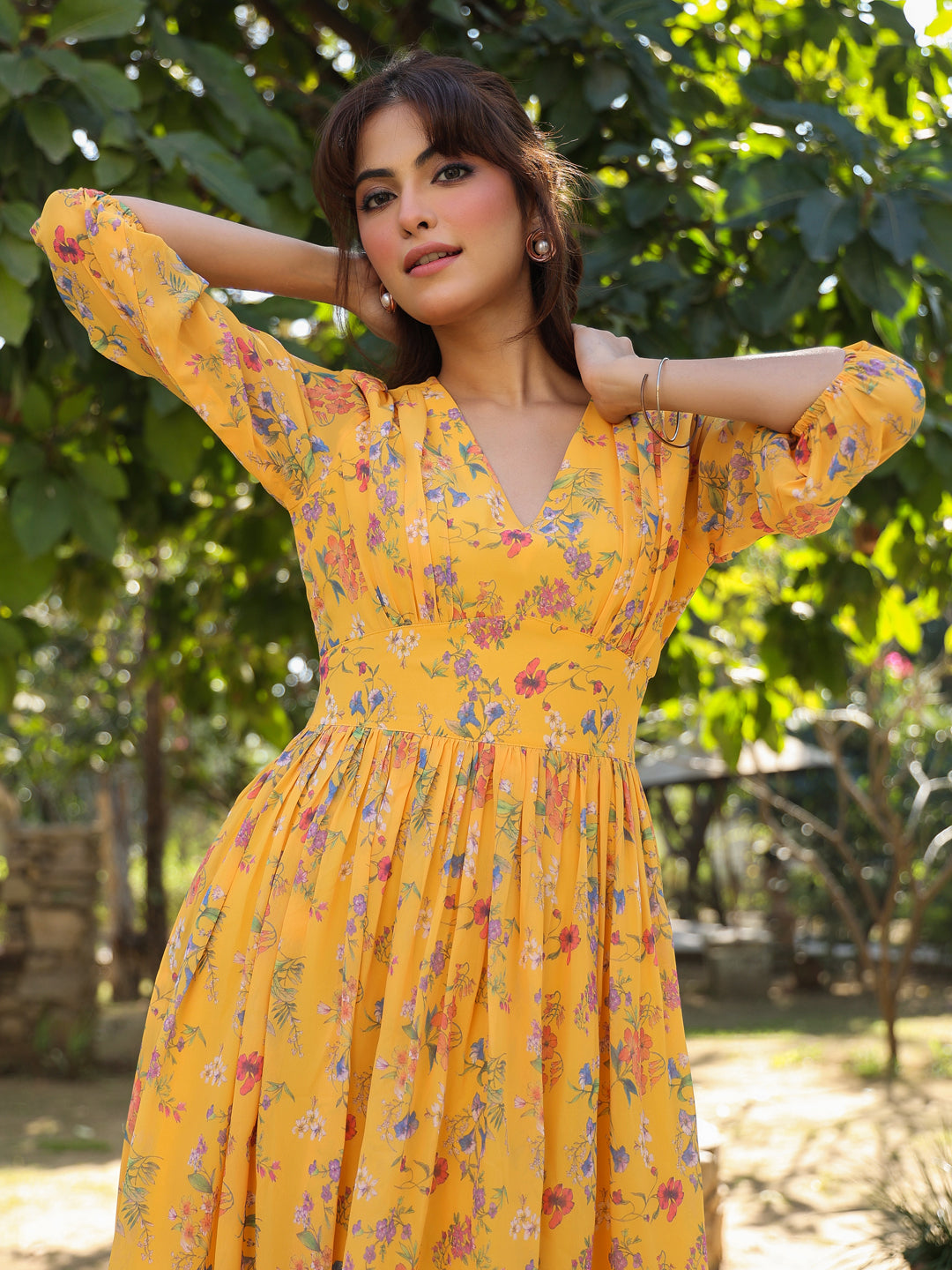 Mustard Georgette Floral Printed Gathered Dress - qivii