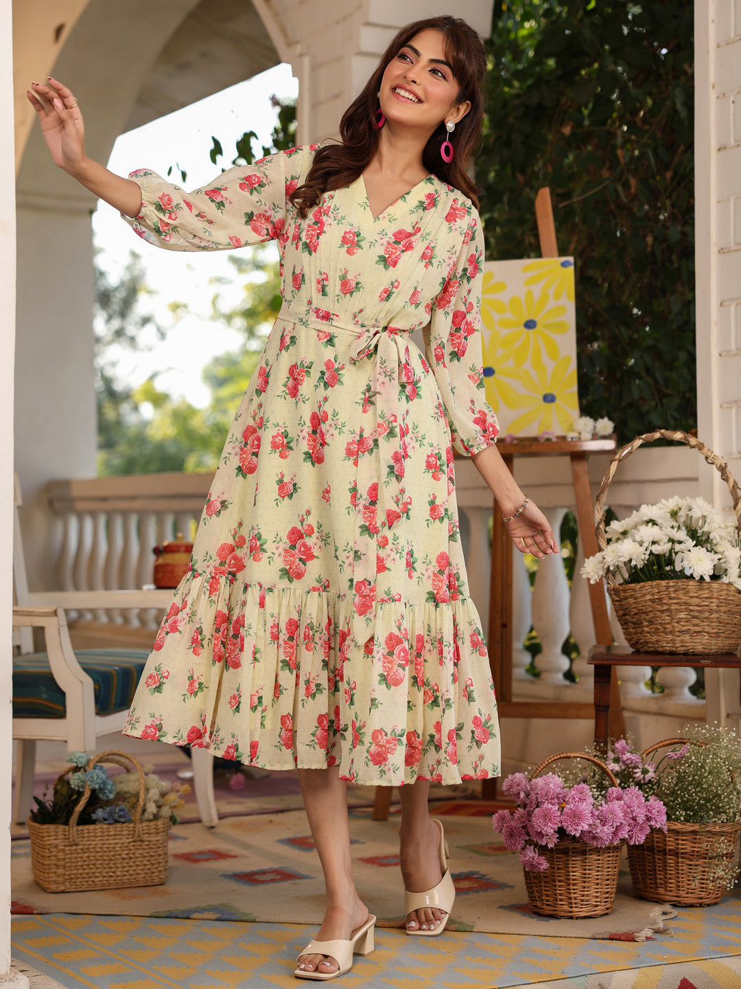 Light Yellow Georgette Floral Printed Fit & Flare Dress - qivii