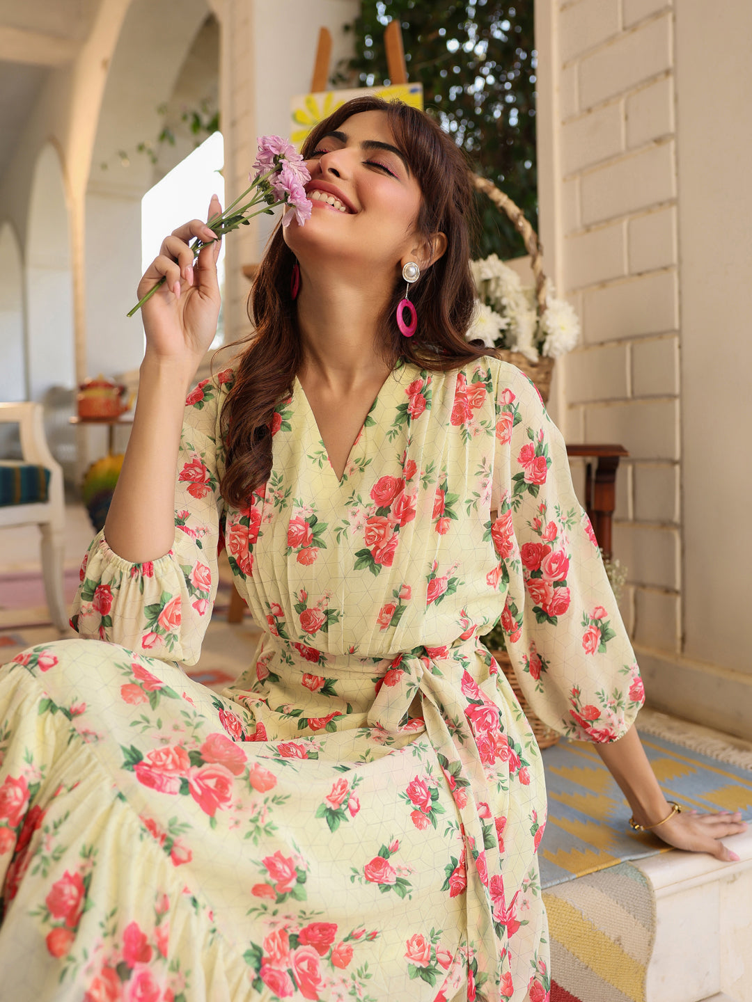 Light Yellow Georgette Floral Printed Fit & Flare Dress - qivii