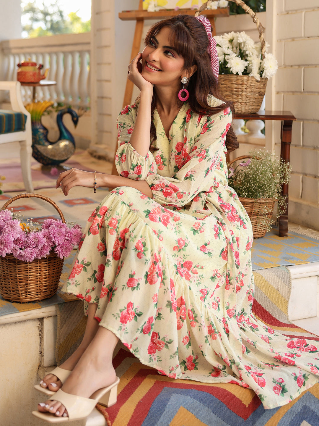 Light Yellow Georgette Floral Printed Fit & Flare Dress - qivii