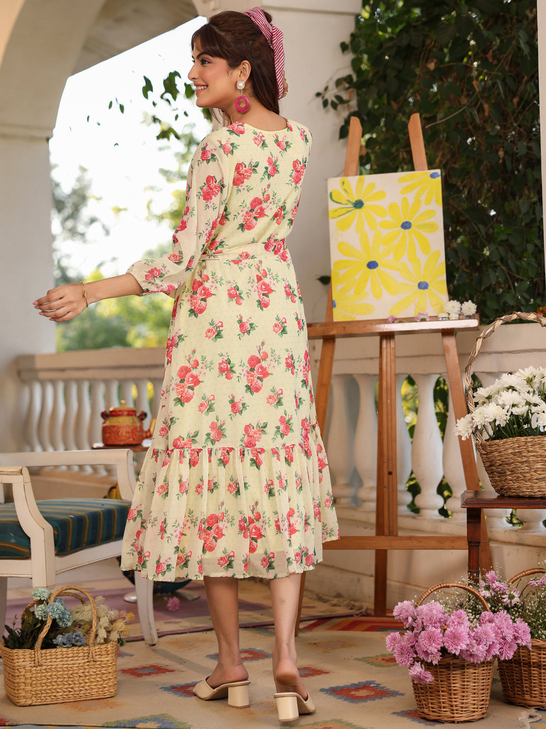 Light Yellow Georgette Floral Printed Fit & Flare Dress - qivii