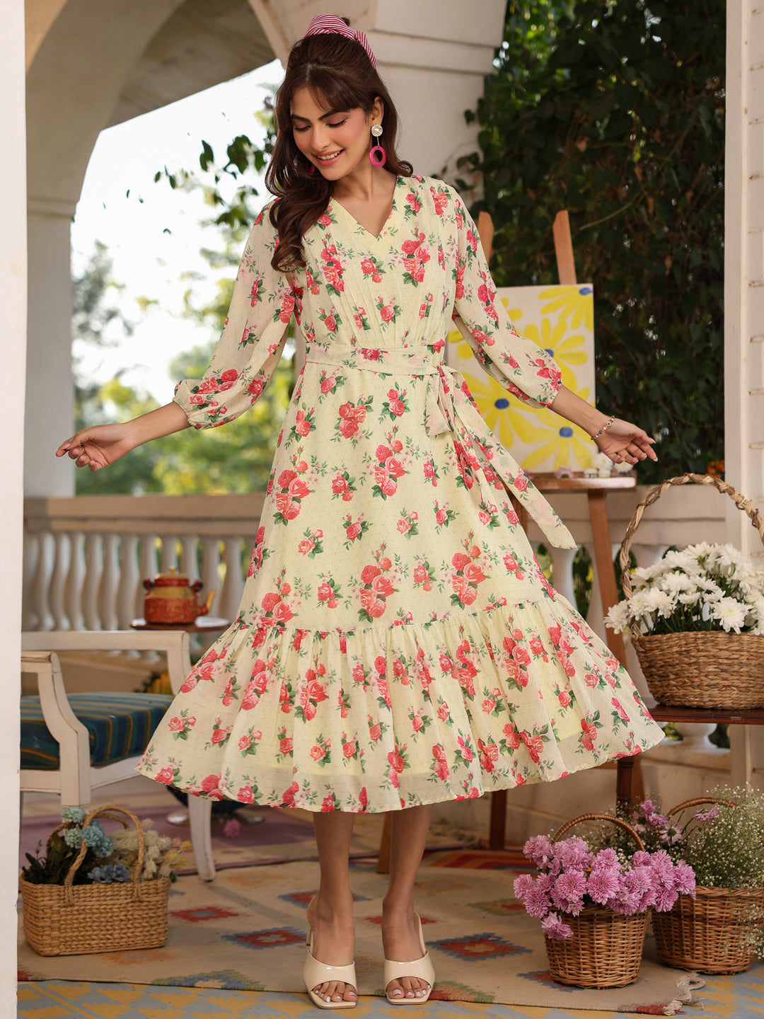 Light Yellow Georgette Floral Printed Fit & Flare Dress - qivii
