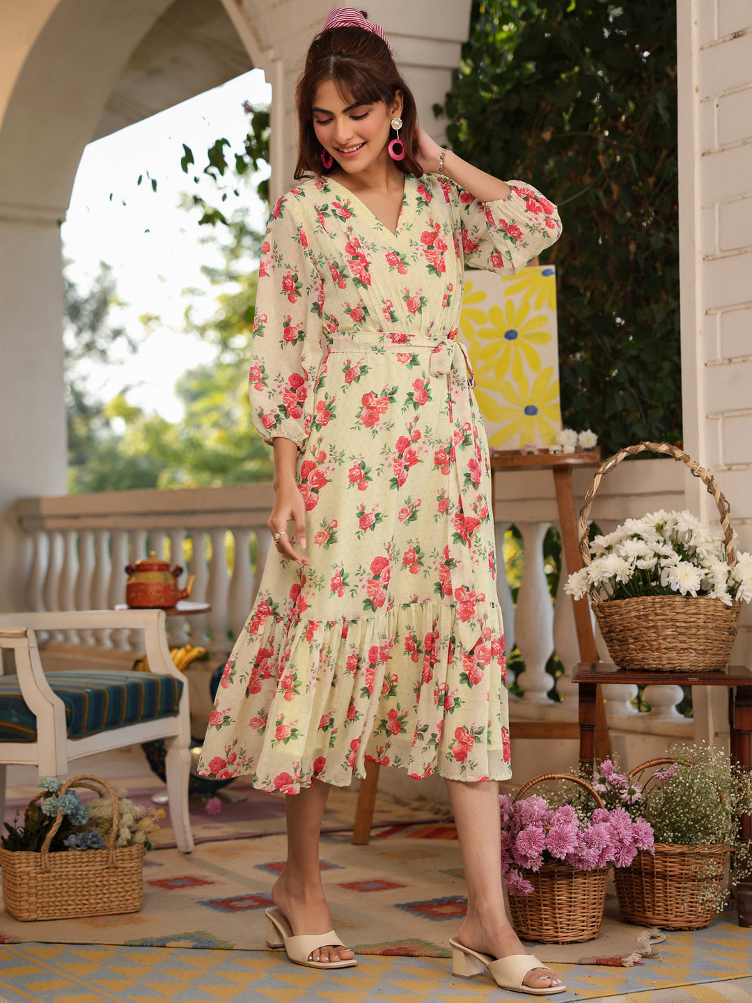 Light Yellow Georgette Floral Printed Fit & Flare Dress - qivii