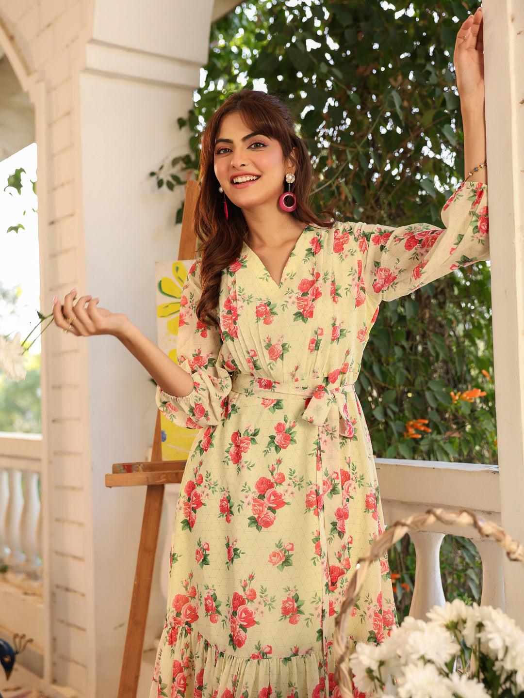 Light Yellow Georgette Floral Printed Fit & Flare Dress - qivii