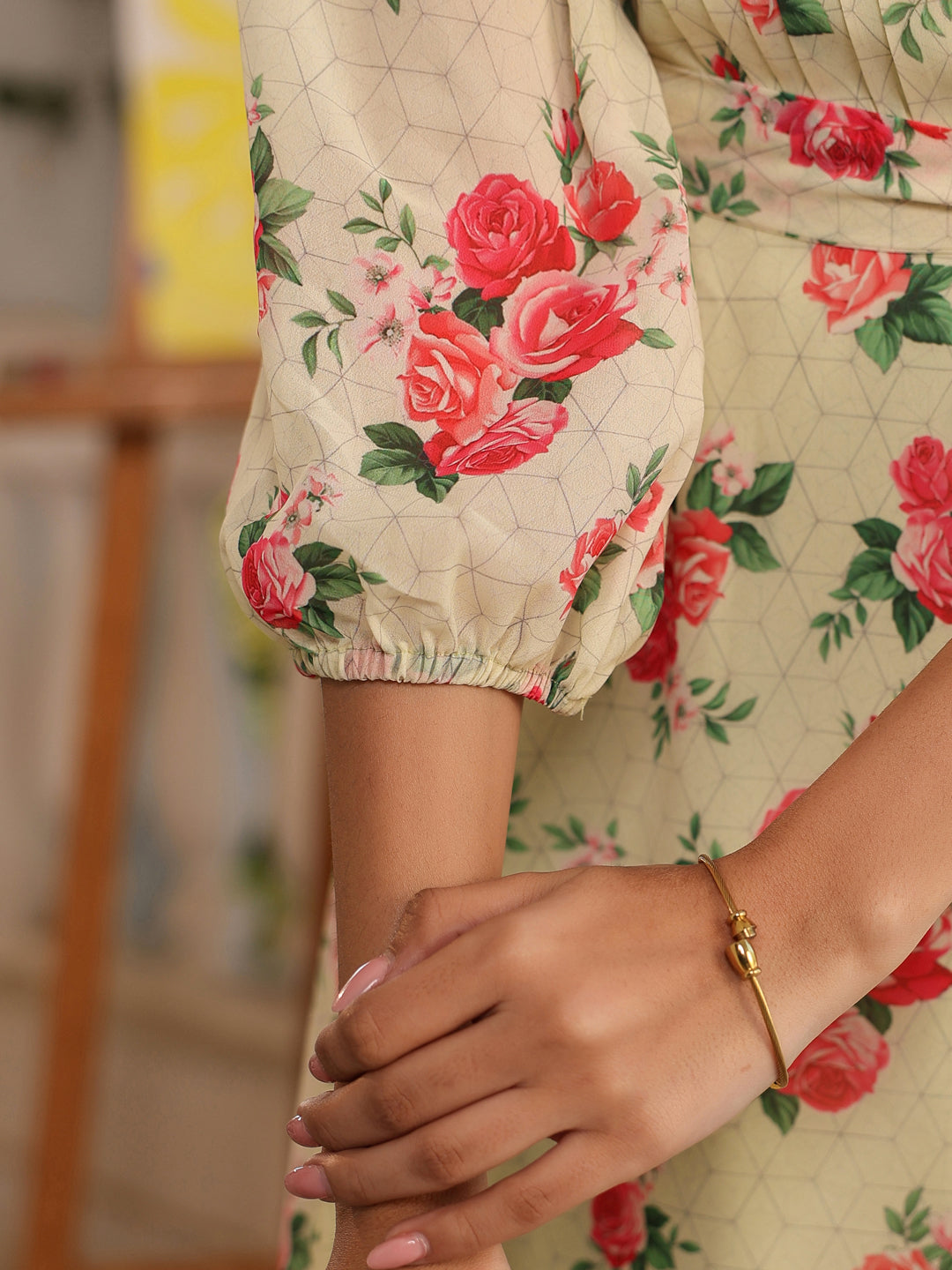 Light Yellow Georgette Floral Printed Fit & Flare Dress - qivii