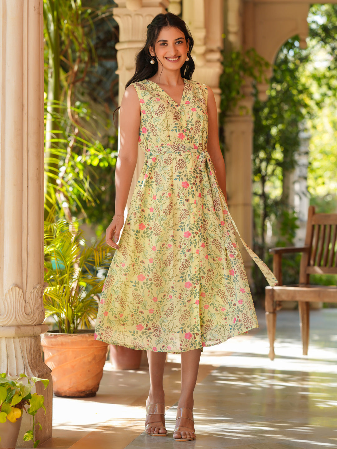 Light Green Georgette Floral Printed A-Line Dress - qivii