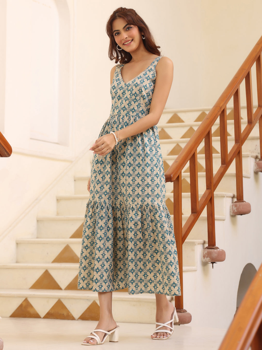 Beige Pure Cotton Ethnic Motifs Printed Tiered Dress - qivii