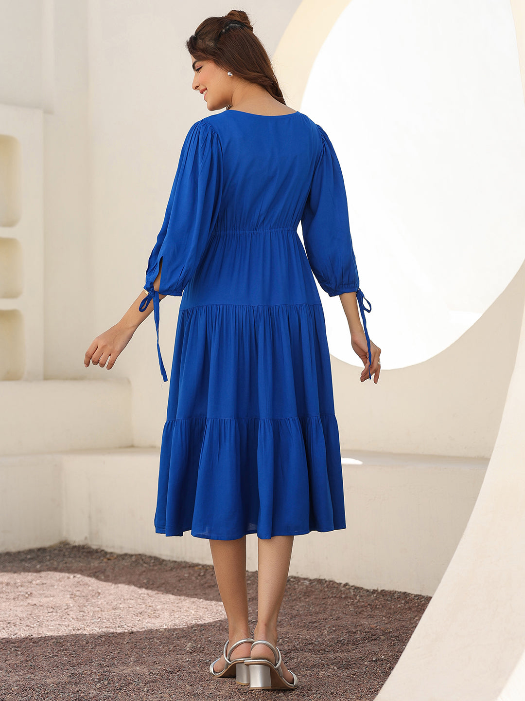 Royal Blue Rayon Solid Tiered Dress - qivii