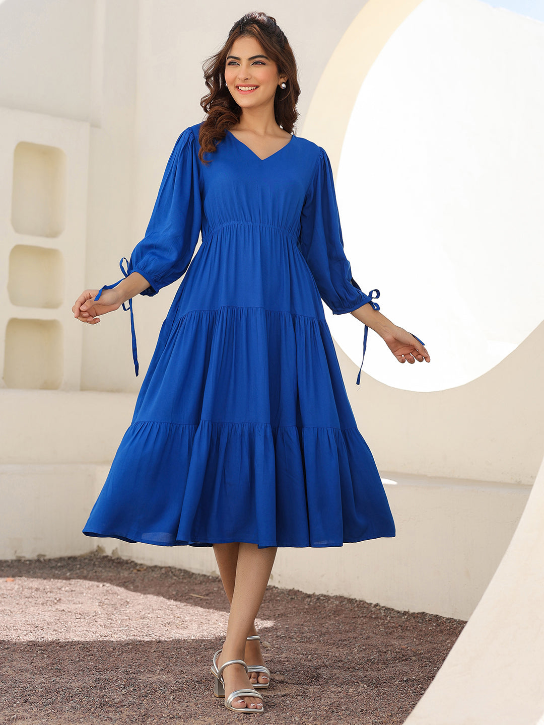 Royal Blue Rayon Solid Tiered Dress - qivii