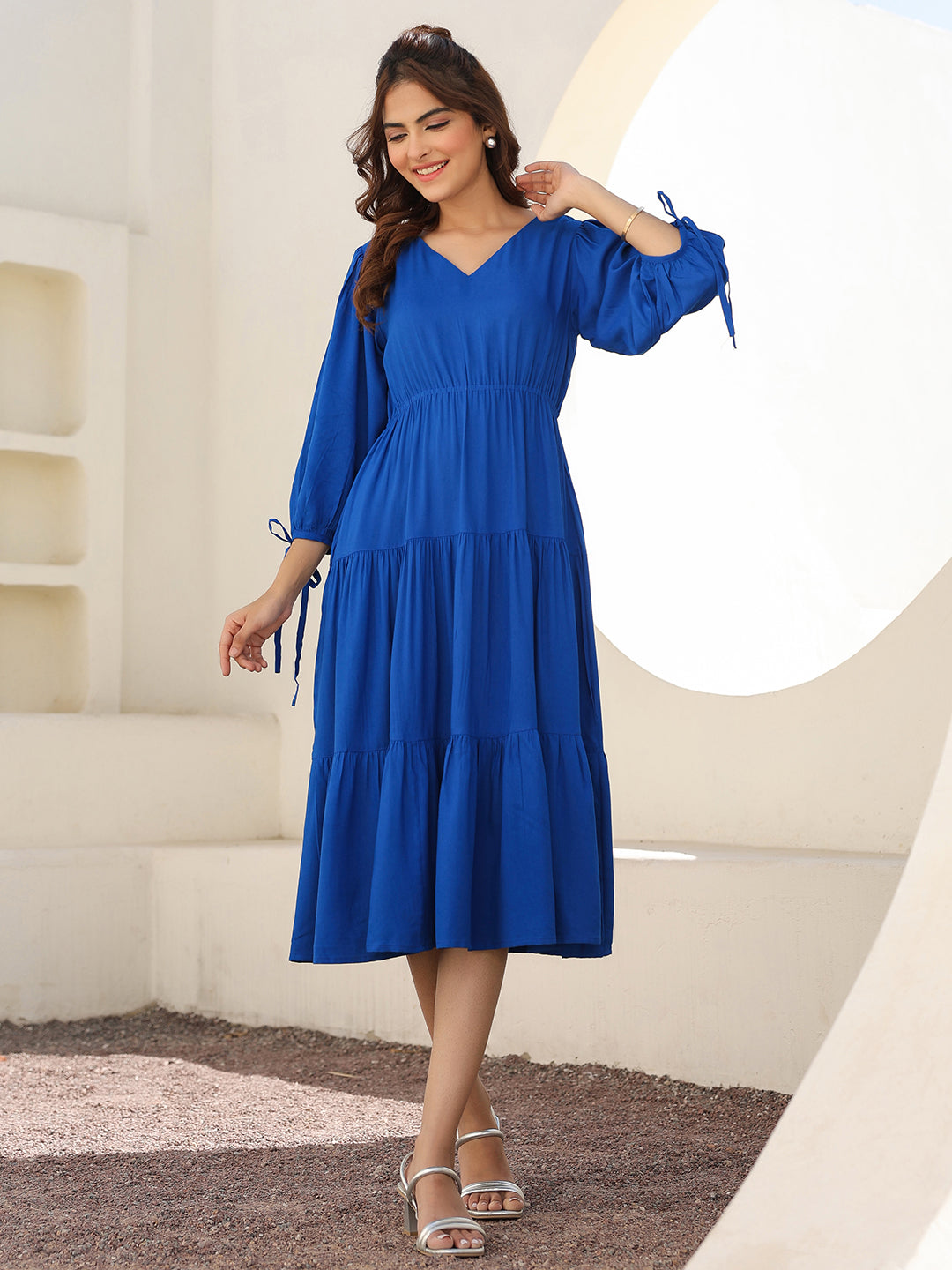 Royal Blue Rayon Solid Tiered Dress - qivii