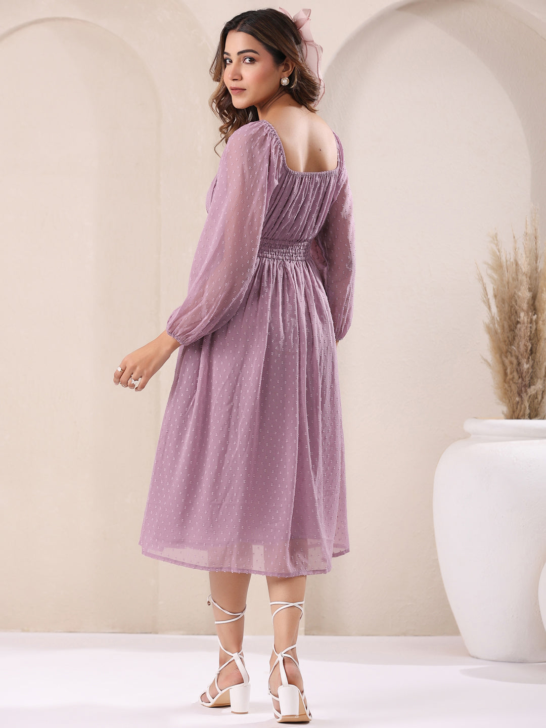 Lavender Dobby Chiffon Self Design Fit & Flare Dress - qivii
