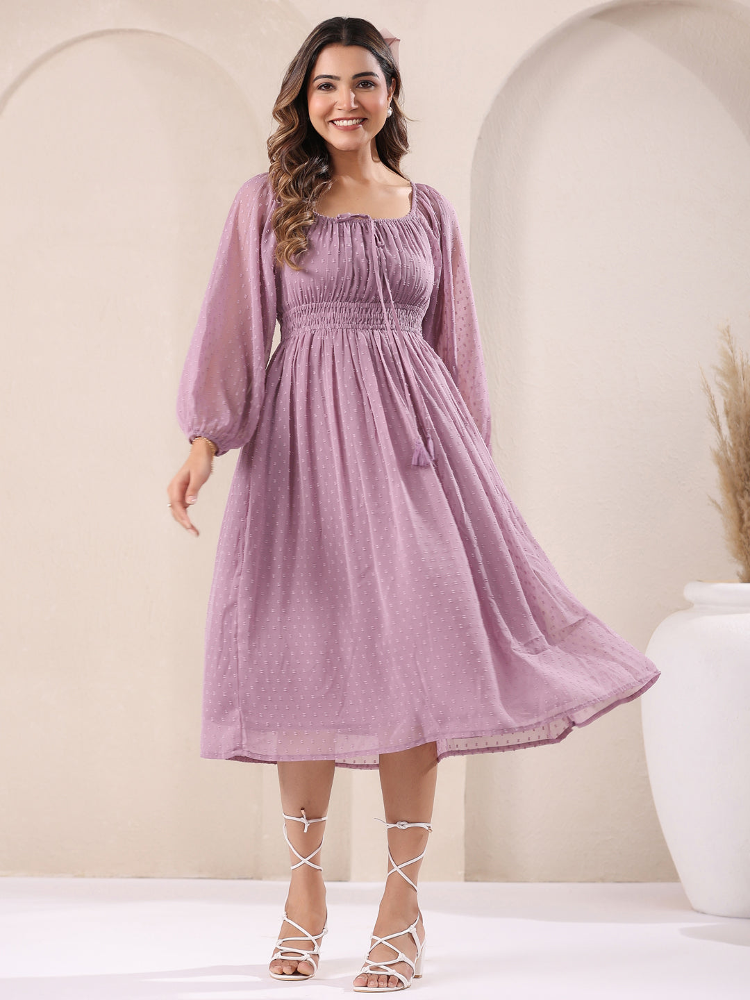 Lavender Dobby Chiffon Self Design Fit & Flare Dress - qivii