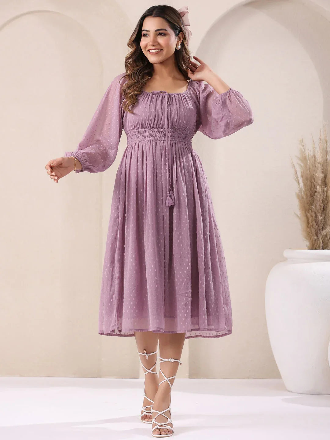 Lavender Dobby Chiffon Self Design Fit & Flare Dress – Qivii Online