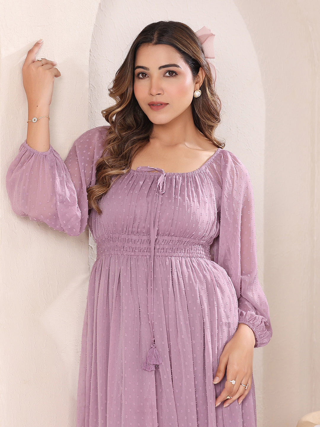 Lavender Dobby Chiffon Self Design Fit & Flare Dress - qivii