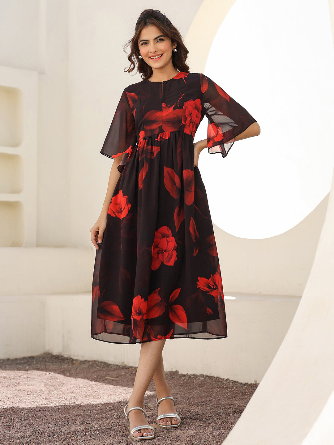 Black Georgette Floral Printed A-line Dress - qivii