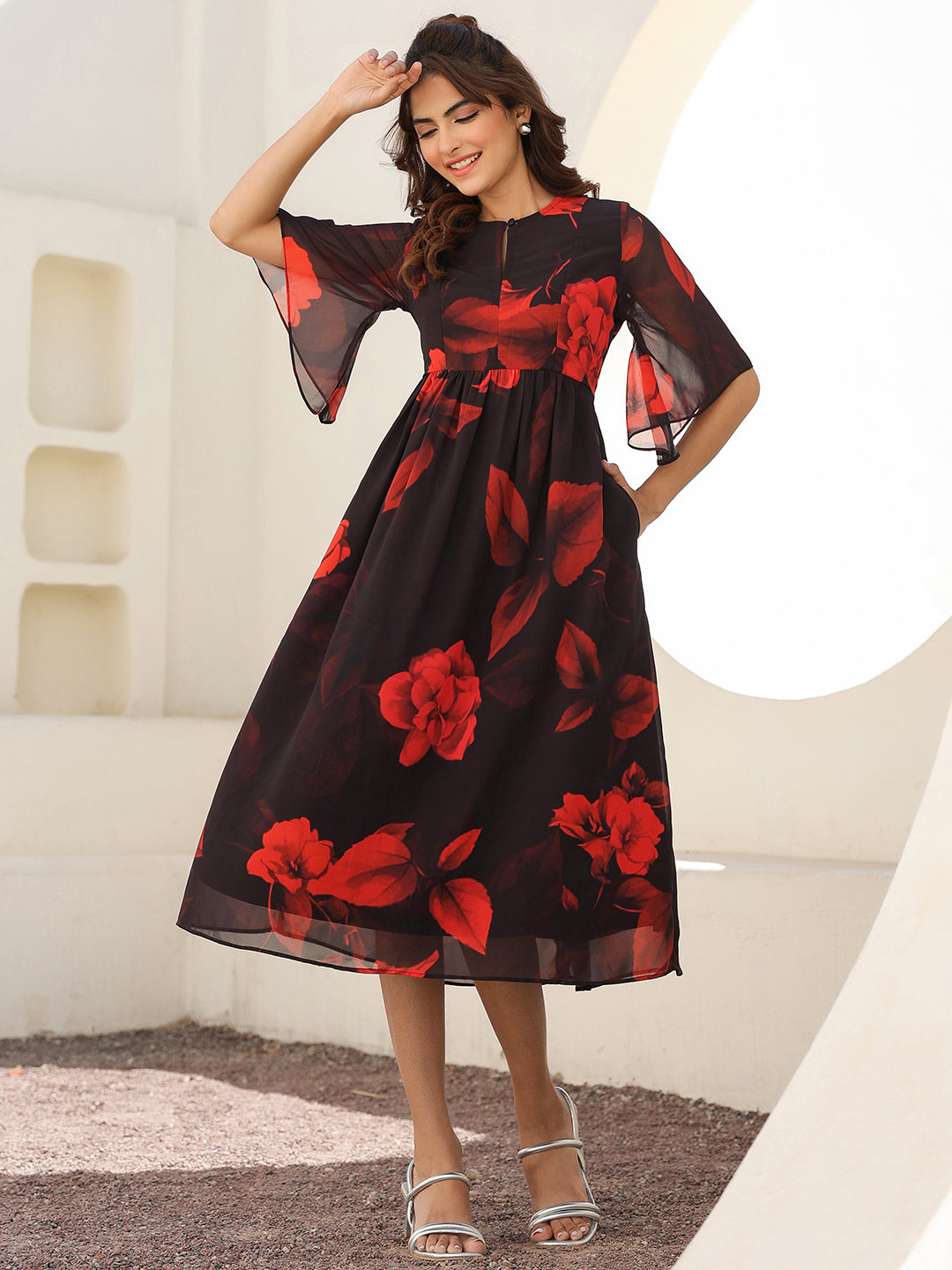 Black Georgette Floral Printed A-line Dress - qivii