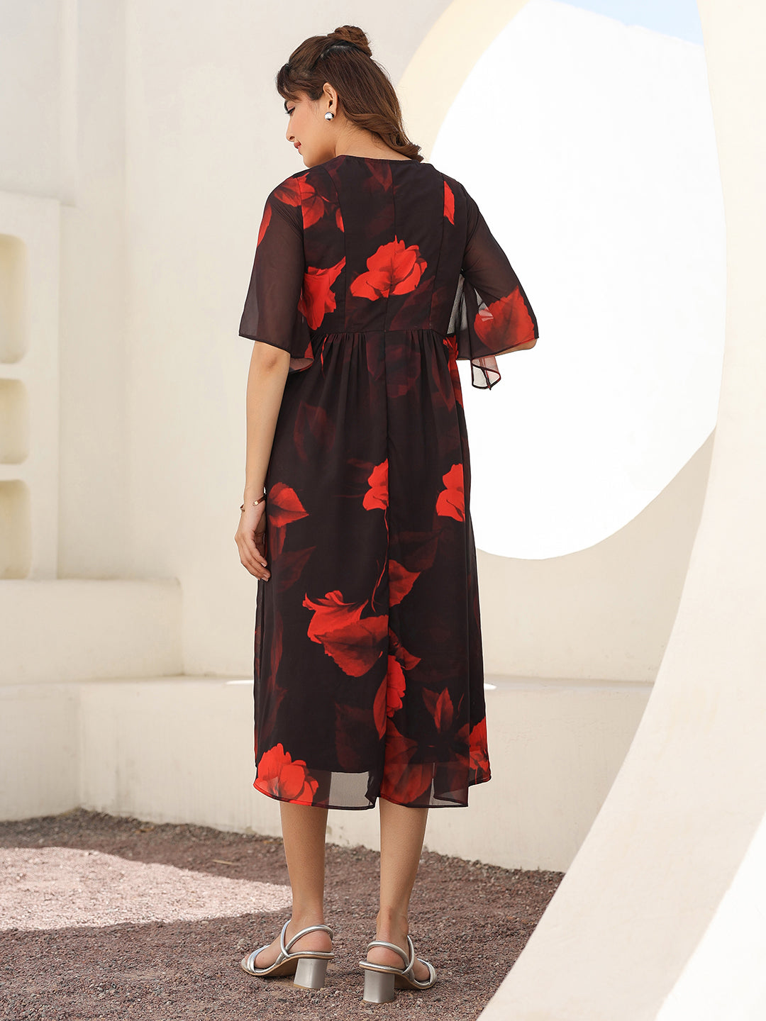 Black Georgette Floral Printed A-line Dress - qivii