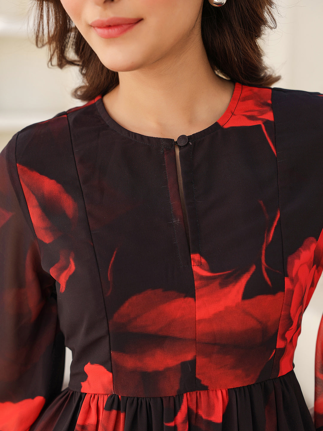 Black Georgette Floral Printed A-line Dress - qivii