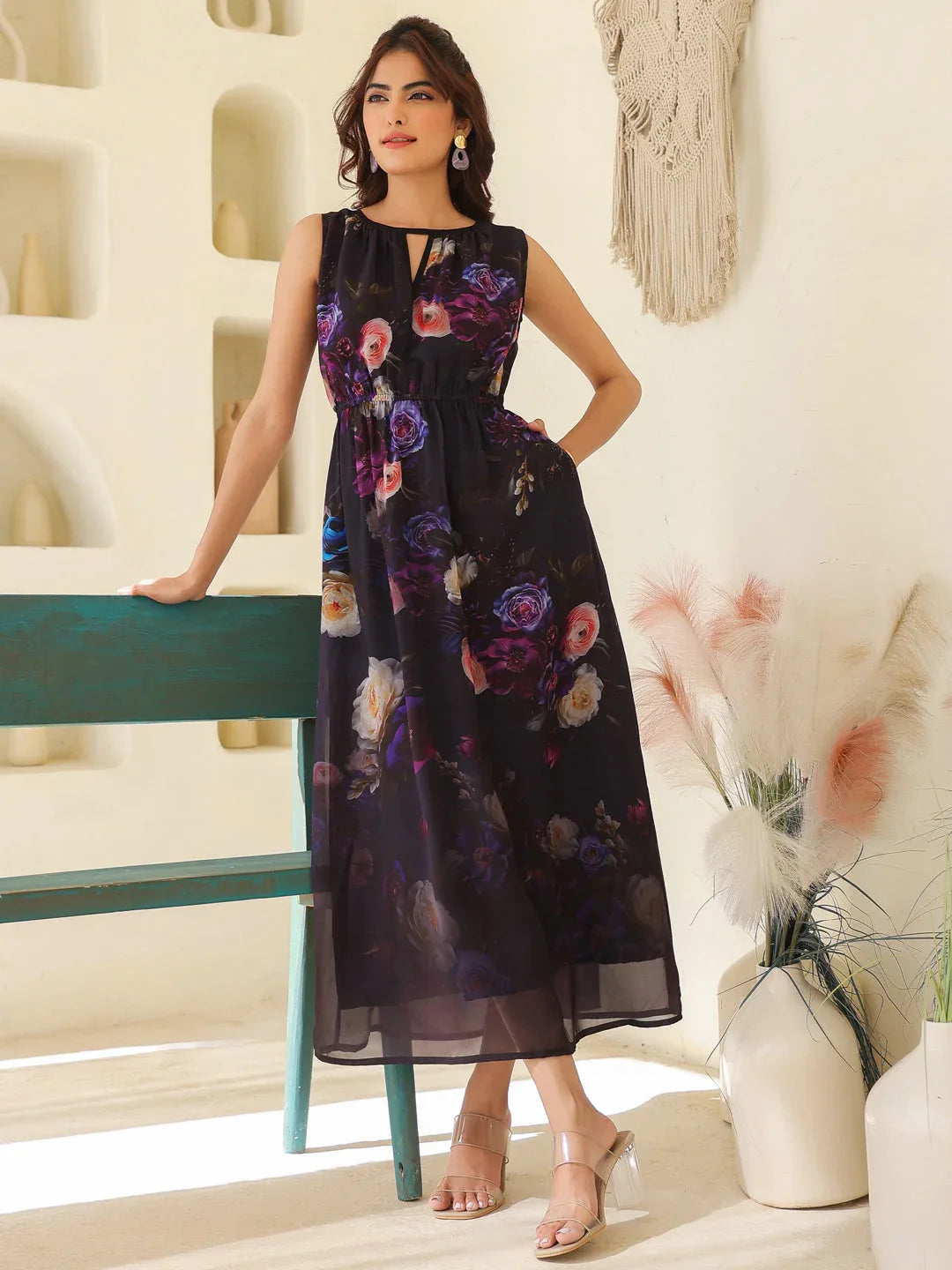 Janasya Women's Black Georgette Floral Printed Gathered Dress