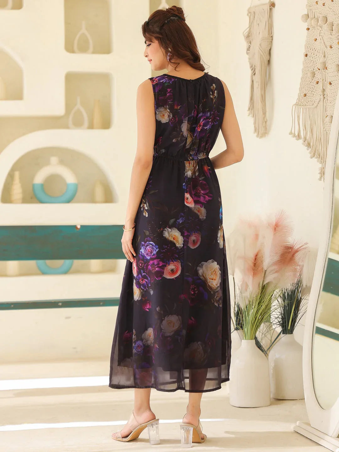 Janasya Women's Black Georgette Floral Printed Gathered Dress