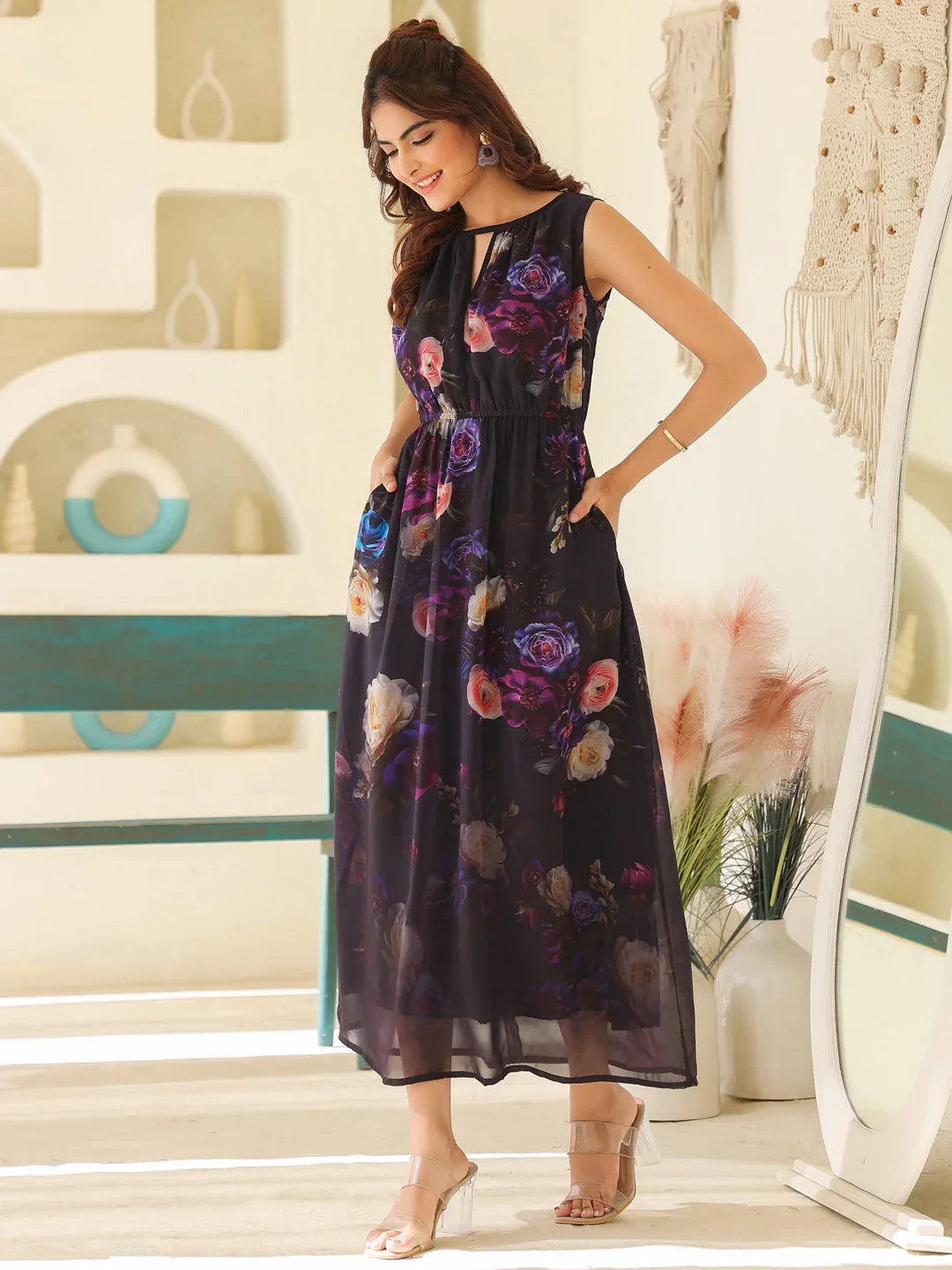 Janasya Women's Black Georgette Floral Printed Gathered Dress
