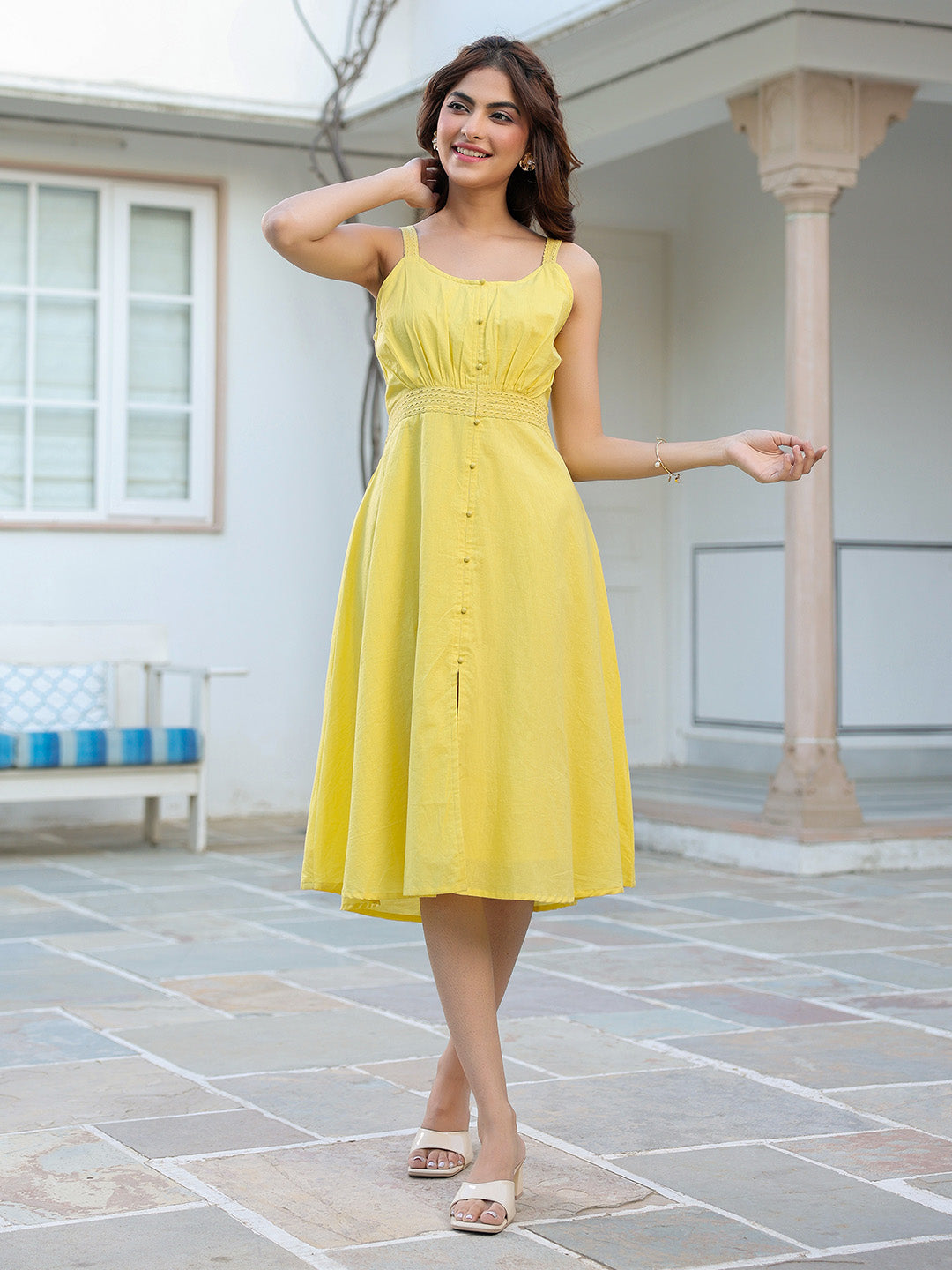 Yellow Pure Cotton Solid A-line Dress - qivii