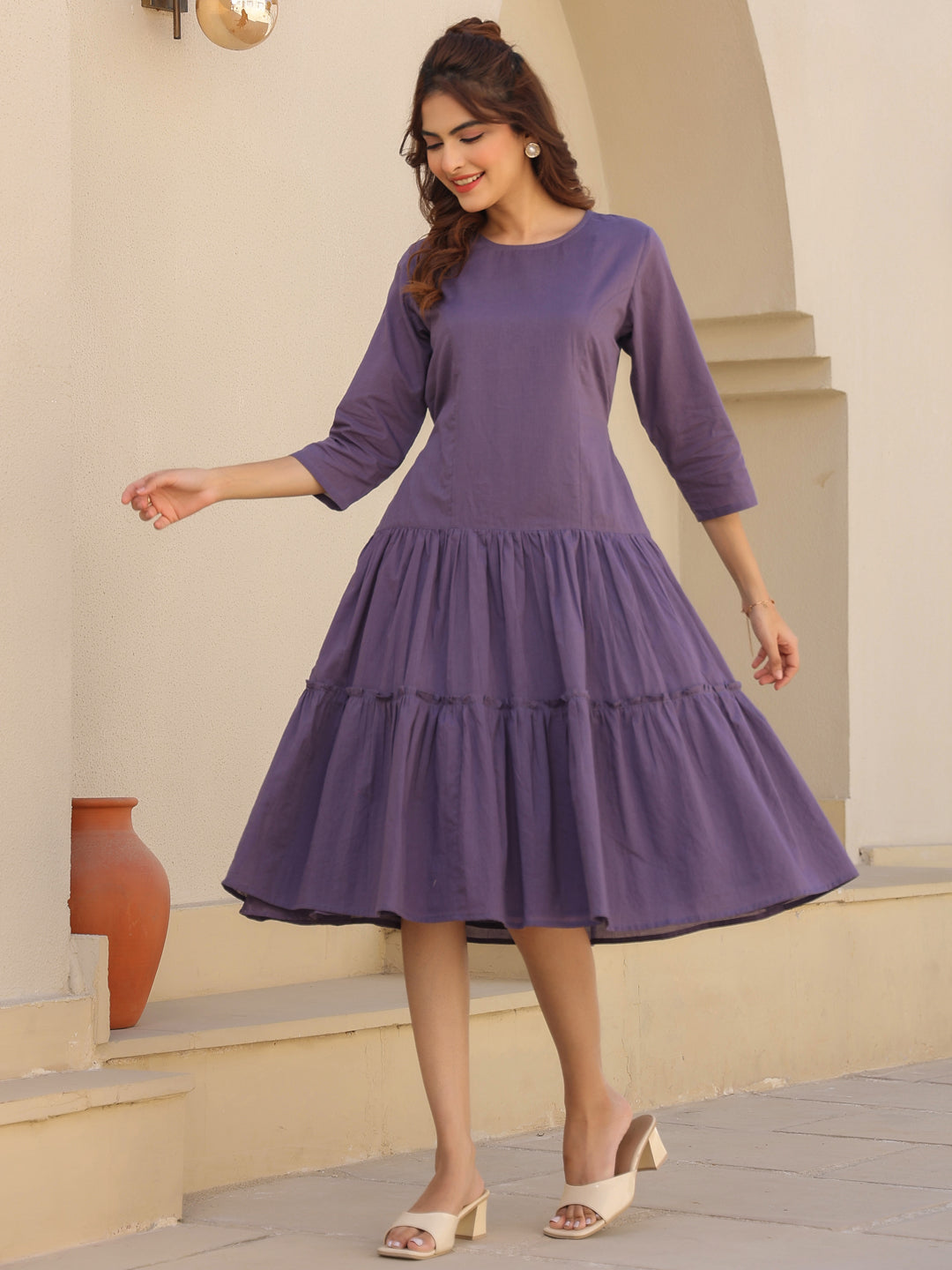 Lavender Pure Cotton Tiered Dress - qivii