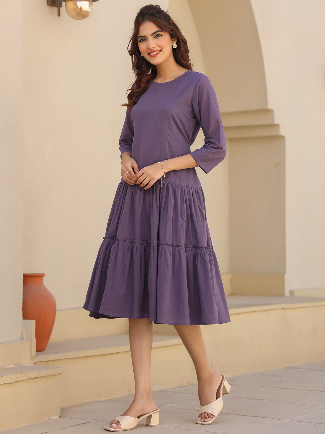 Lavender Pure Cotton Tiered Dress - qivii