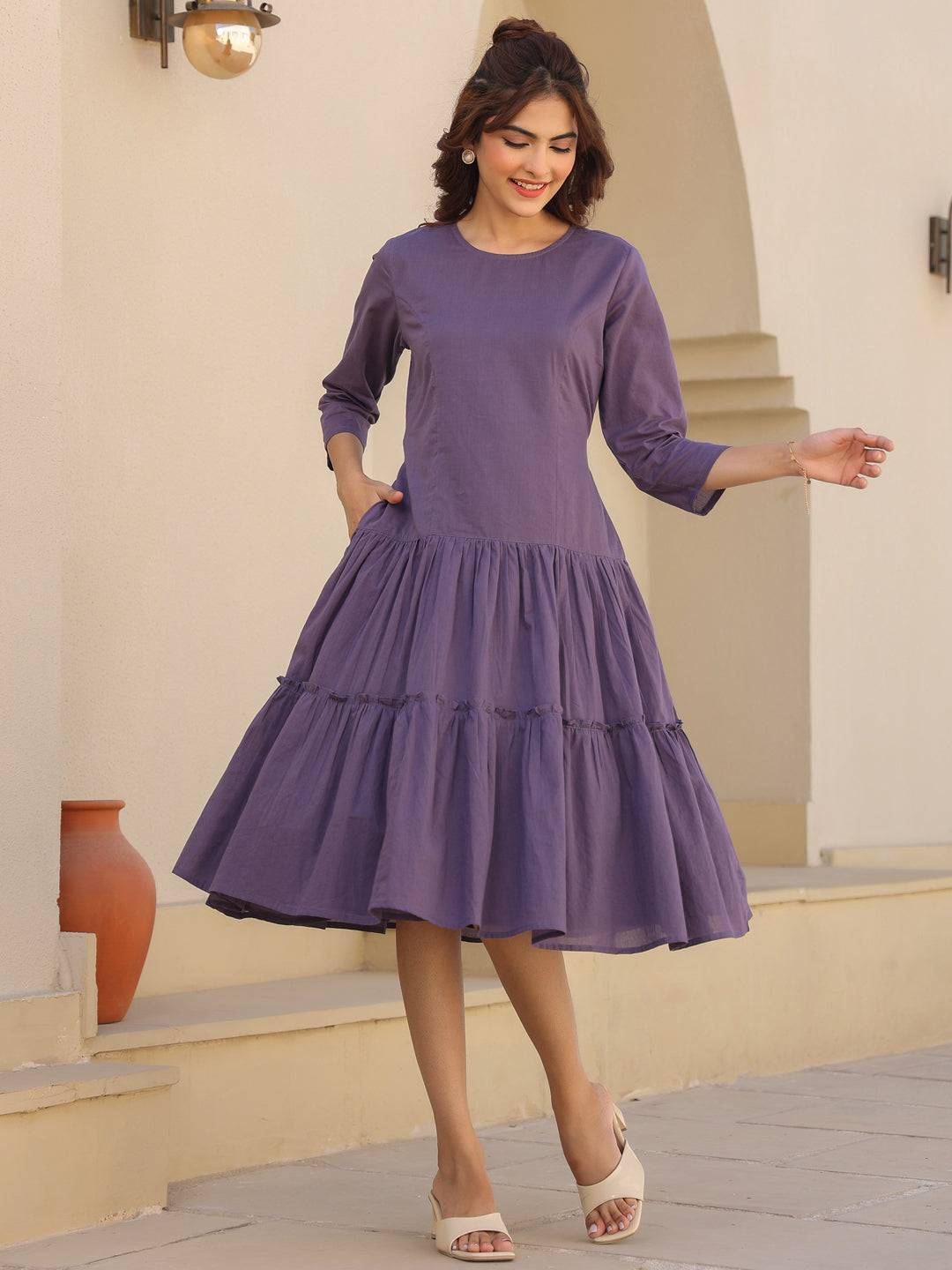 Lavender Pure Cotton Tiered Dress - qivii
