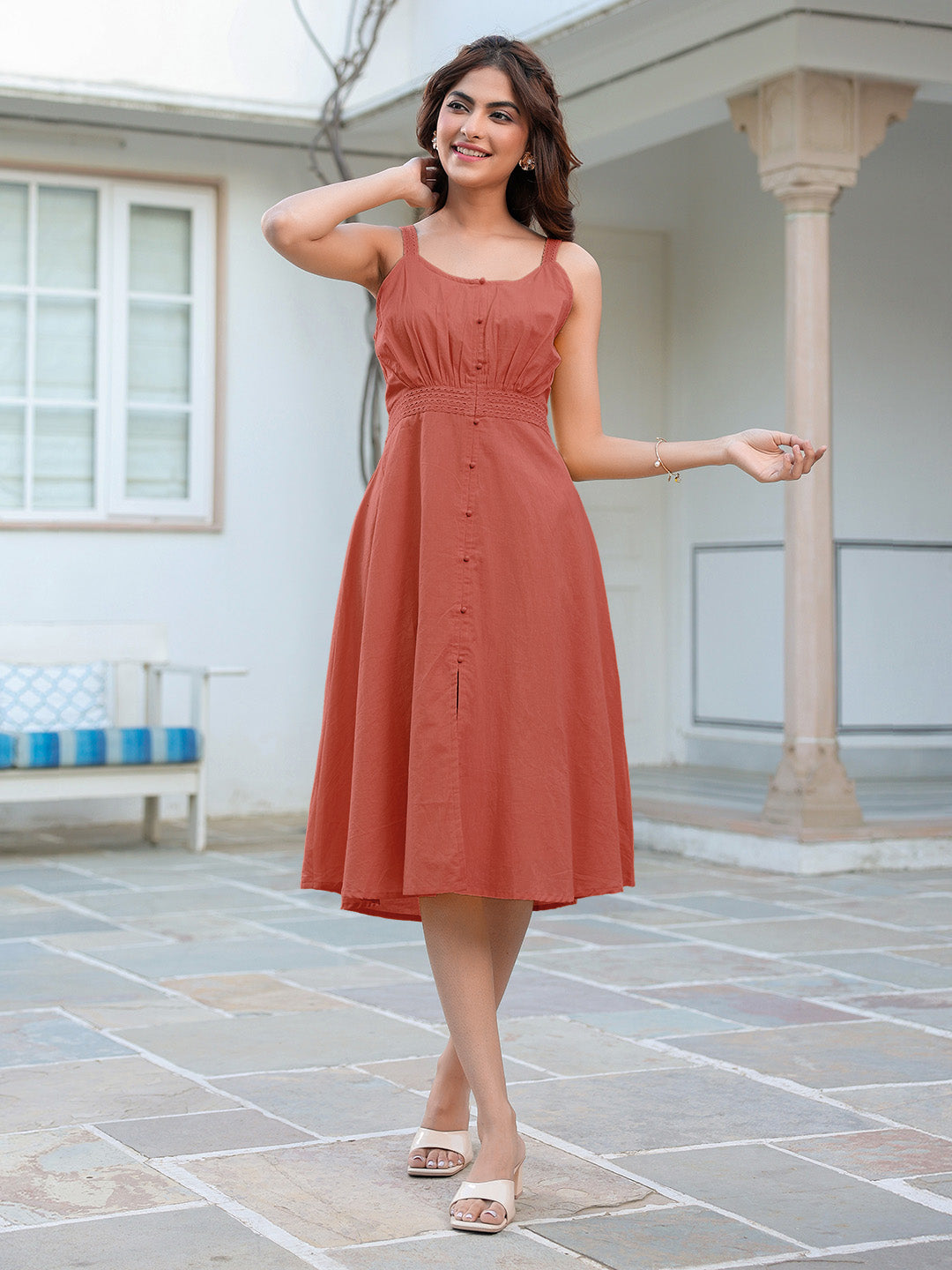 Rust Pure Cotton Solid A-line Dress - qivii