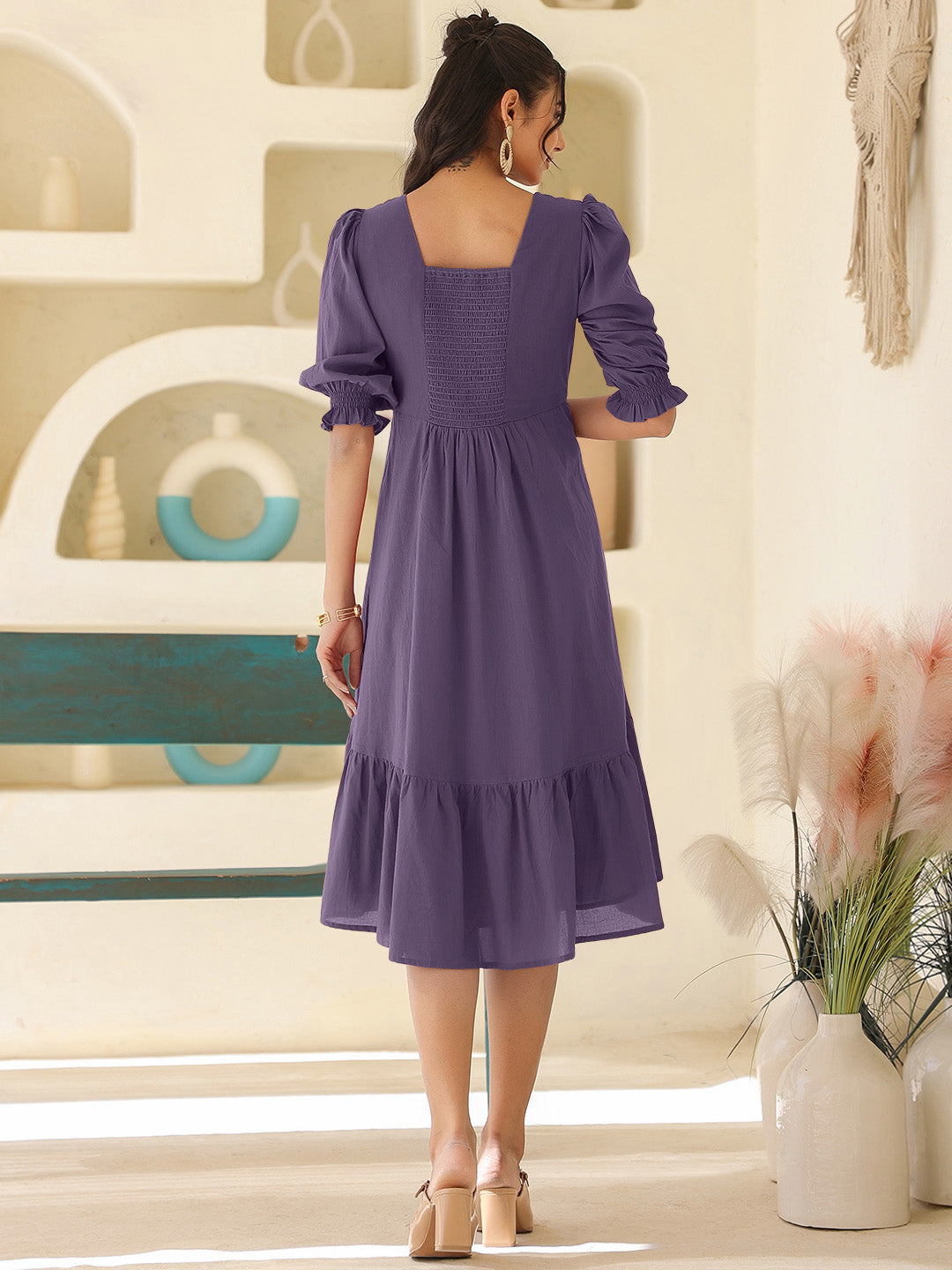 Purple Pure Cotton Solid A-line Dress - qivii