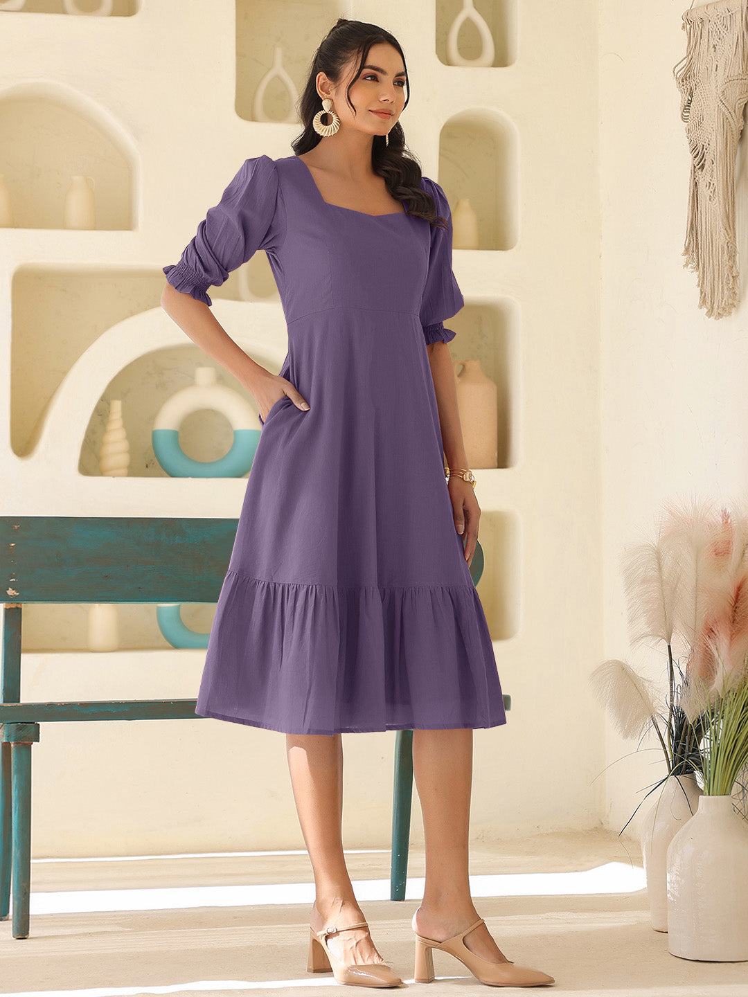 Purple Pure Cotton Solid A-line Dress - qivii