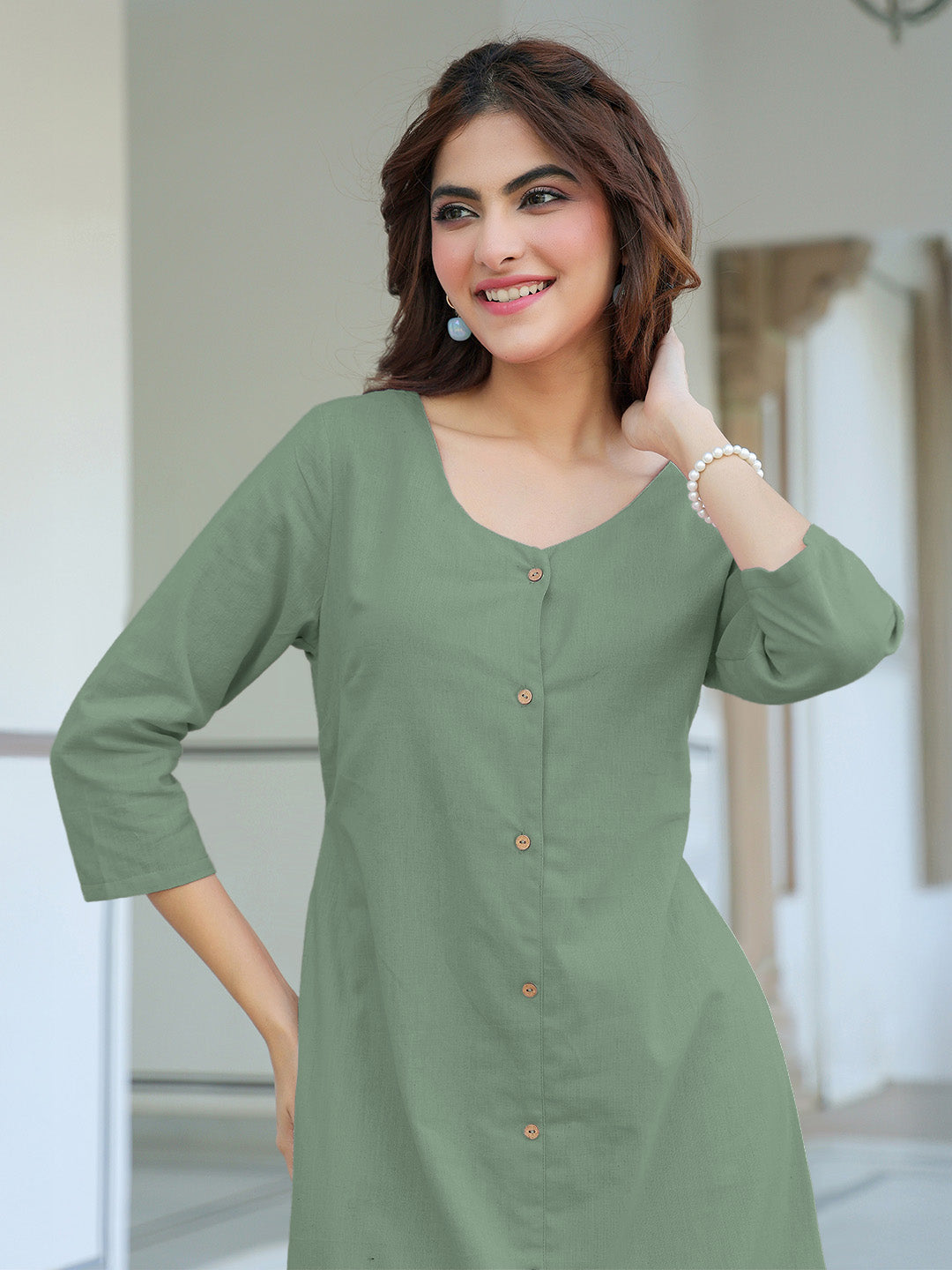 Green Cotton Solid Straight Dress - qivii