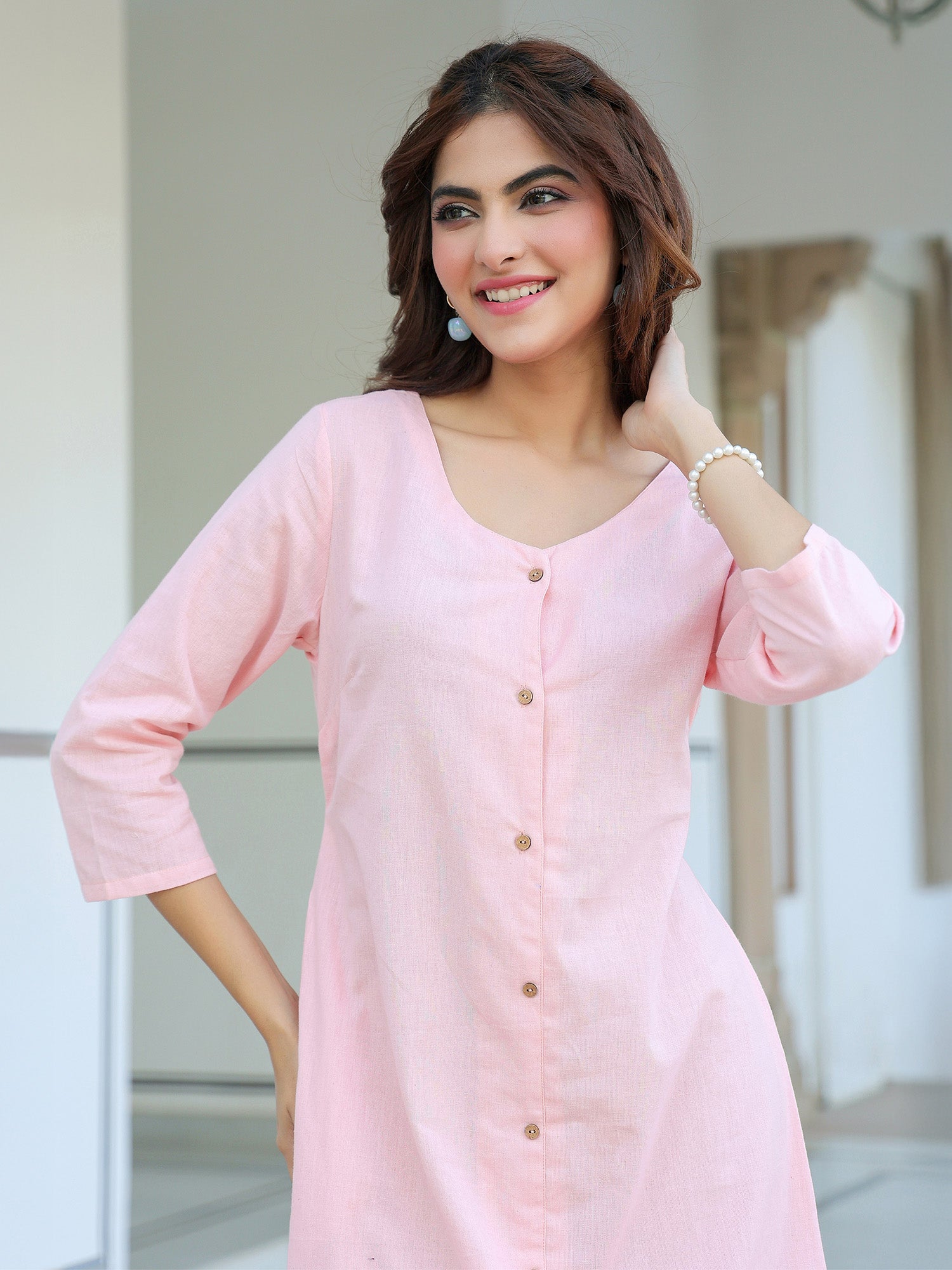 Pink Cotton Solid A-line Dress - qivii