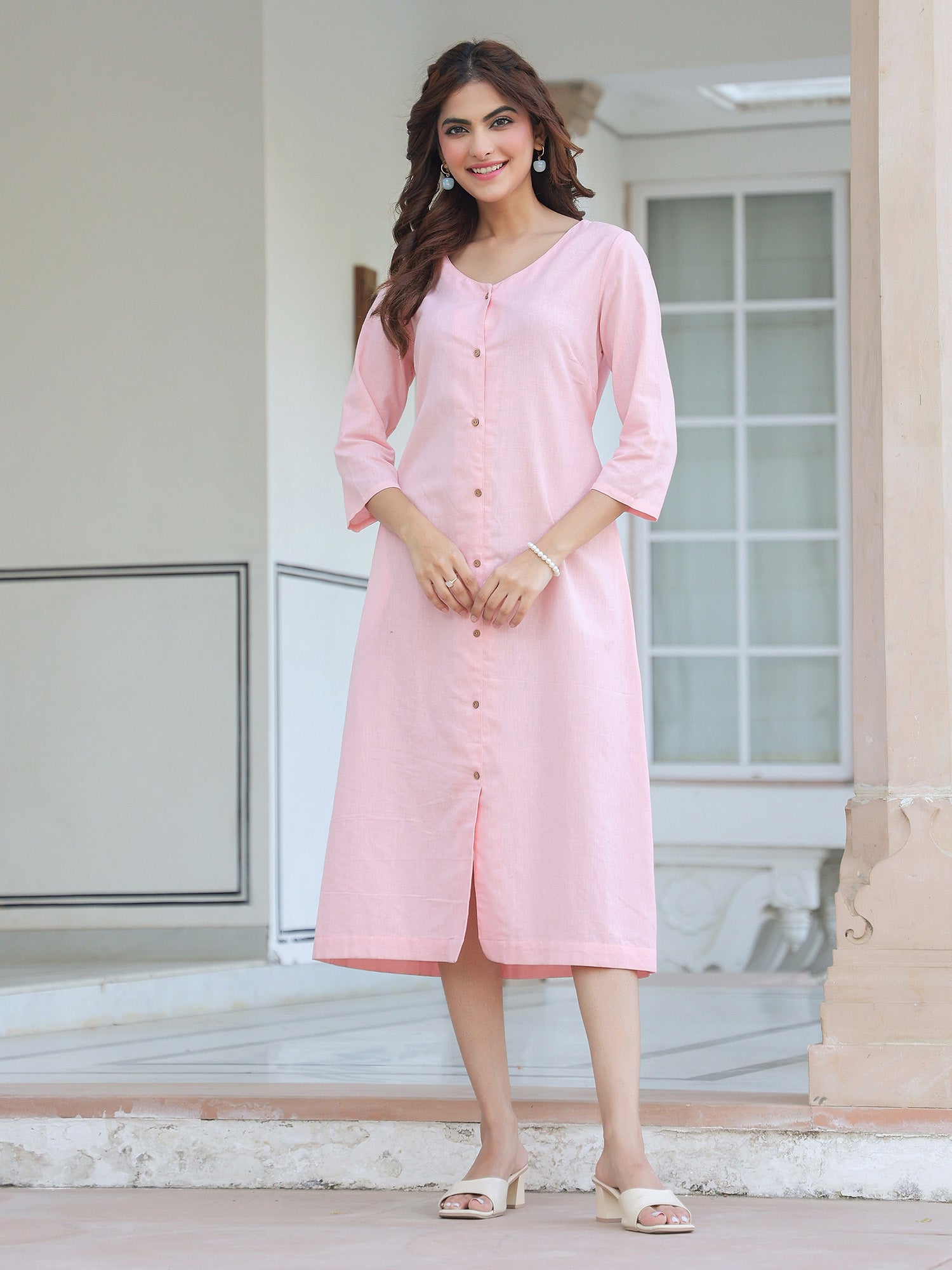 Pink Cotton Solid A-line Dress - qivii