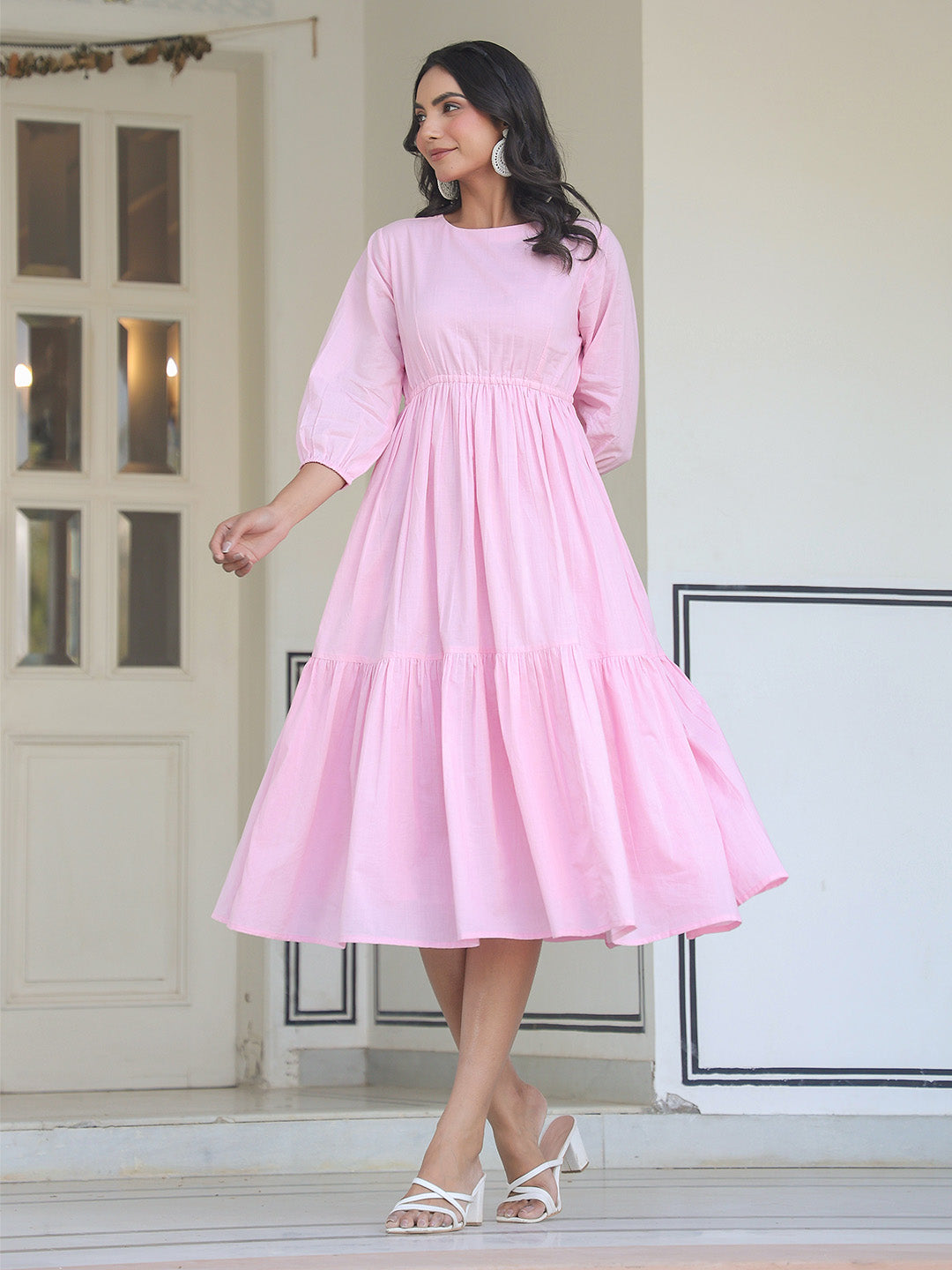 Light Pink Pure Cotton Solid Tiered Dress - qivii