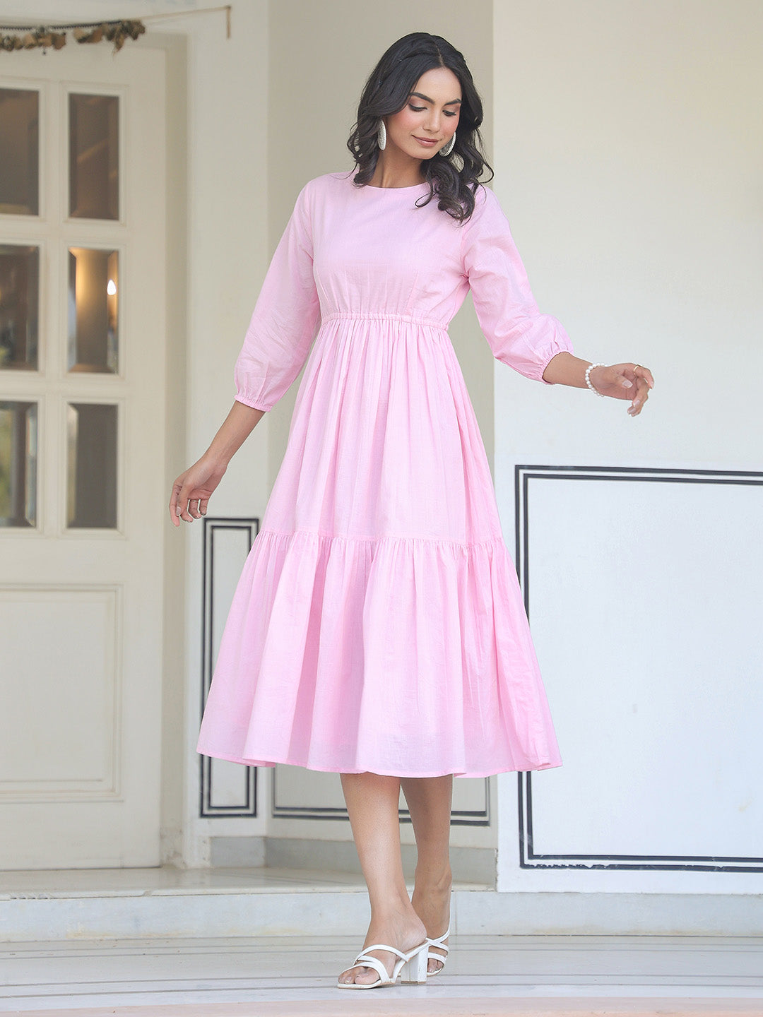 Light Pink Pure Cotton Solid Tiered Dress - qivii