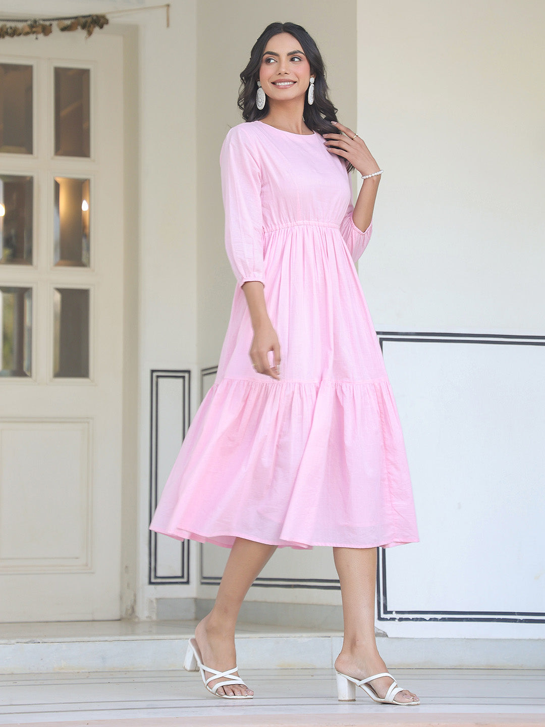Light Pink Pure Cotton Solid Tiered Dress - qivii
