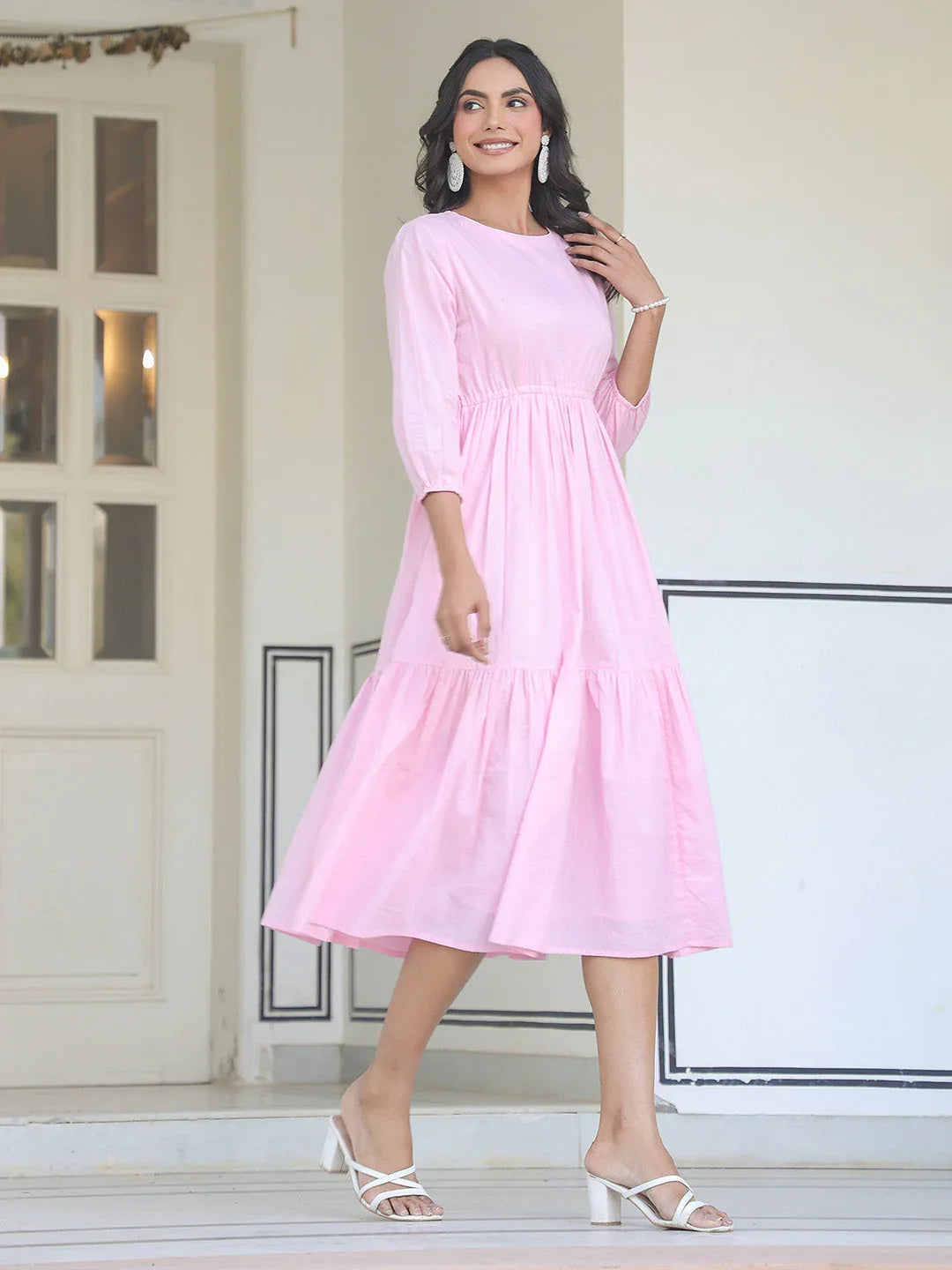 Light Pink Pure Cotton Solid Tiered Dress