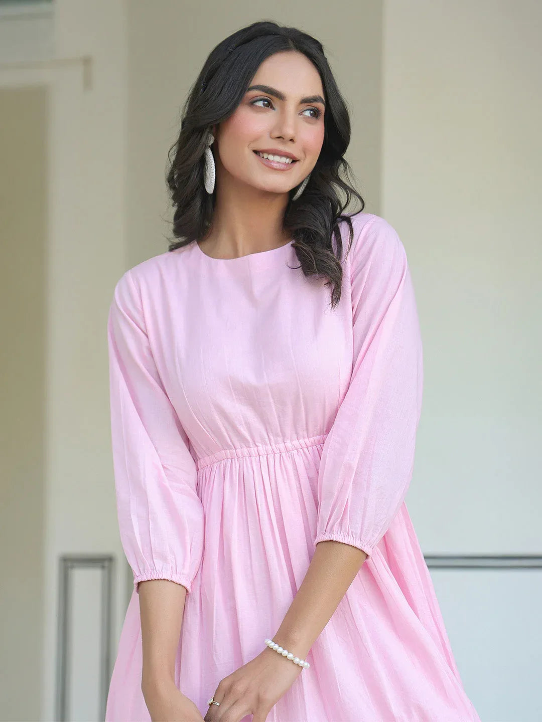 Light Pink Pure Cotton Solid Tiered Dress