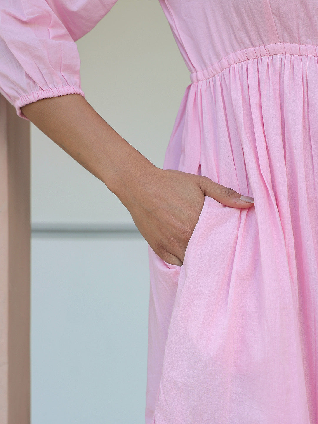 Light Pink Pure Cotton Solid Tiered Dress - qivii