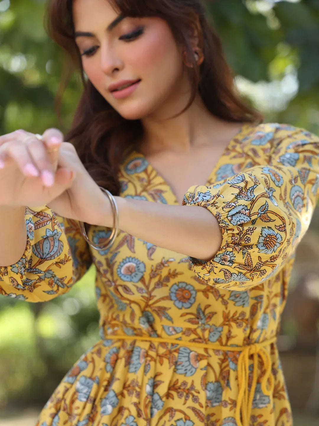 Yellow Pure Cotton Floral Printed A-line Dress