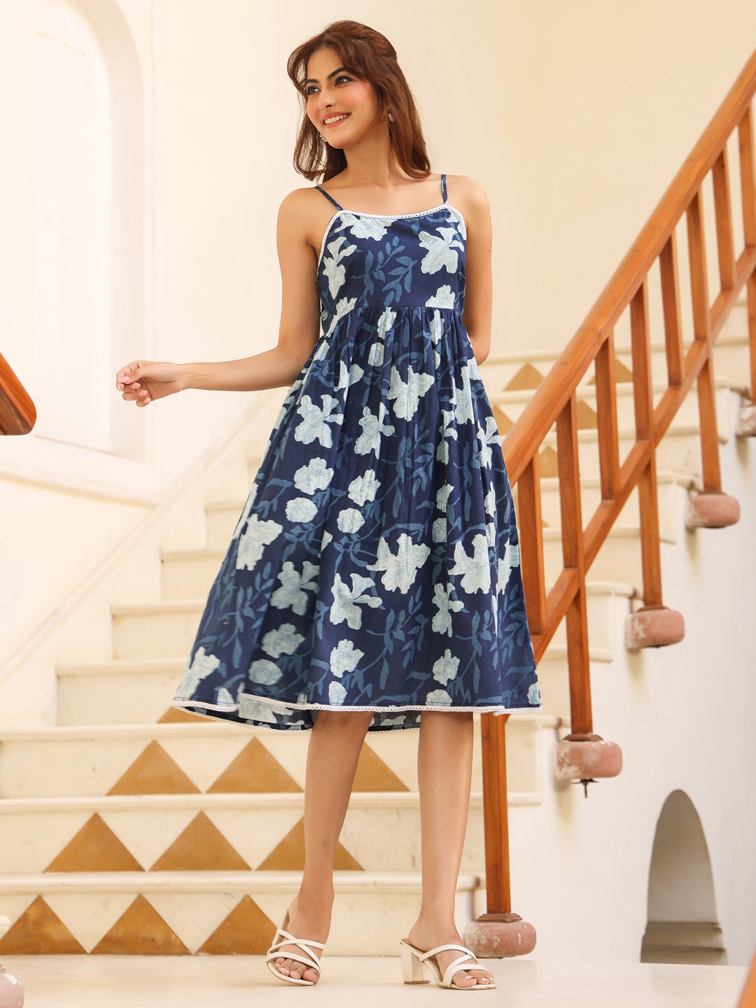 Indigo Pure Cotton Floral Printed Fit & Flare Dress - qivii