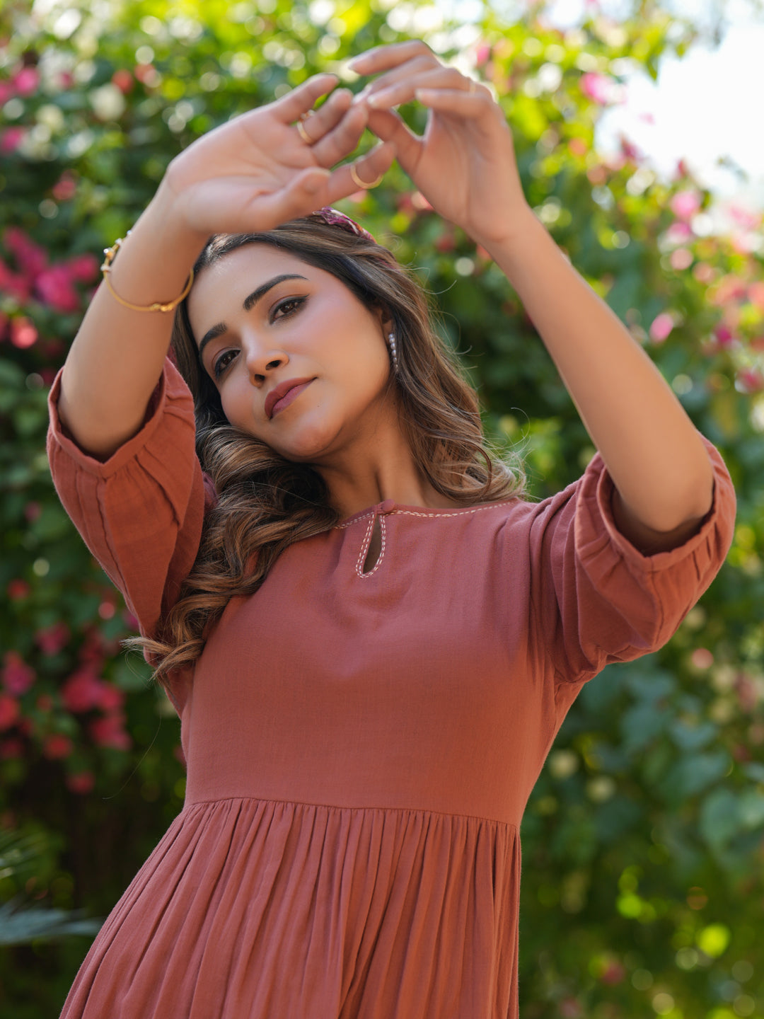 Rust Pure Cotton Solid Gathered Dress - qivii