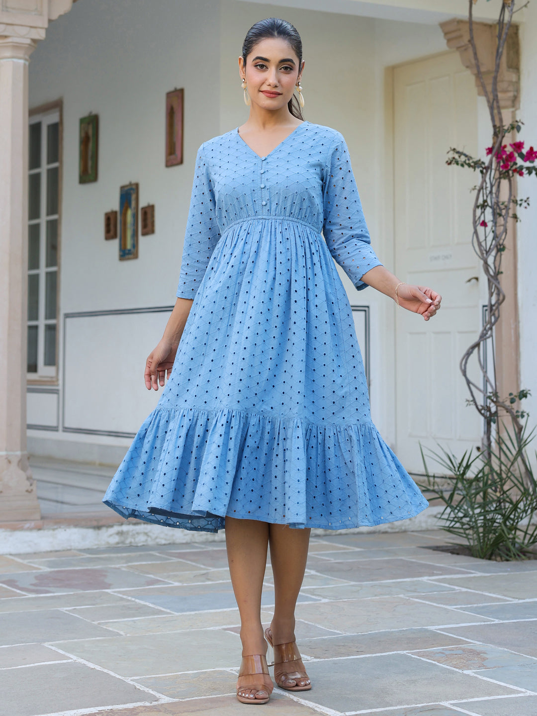 Janasya Women's Light Blue Pure Cotton Schiffli Fit & Flare Dress - qivii