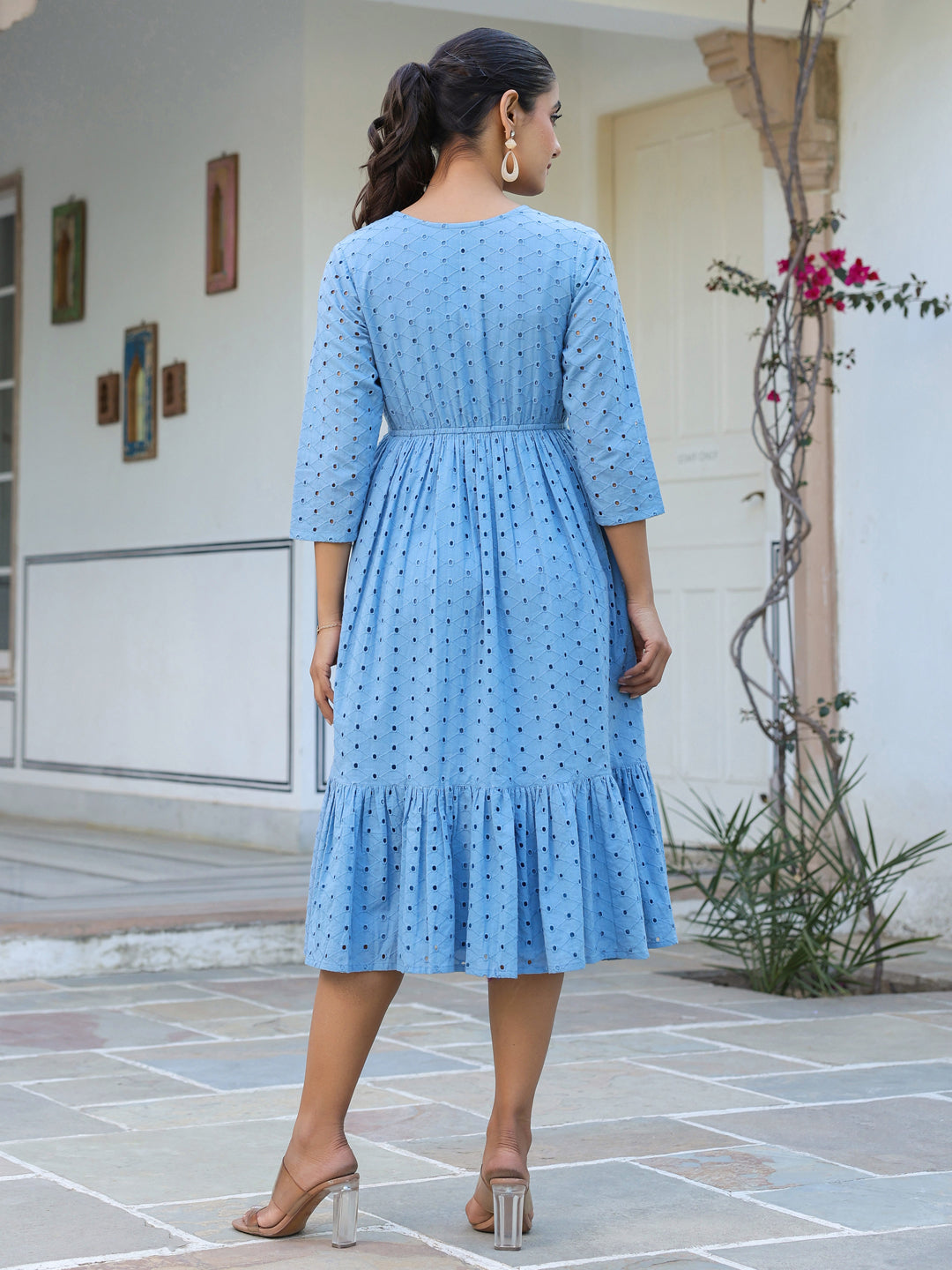 Janasya Women's Light Blue Pure Cotton Schiffli Fit & Flare Dress - qivii