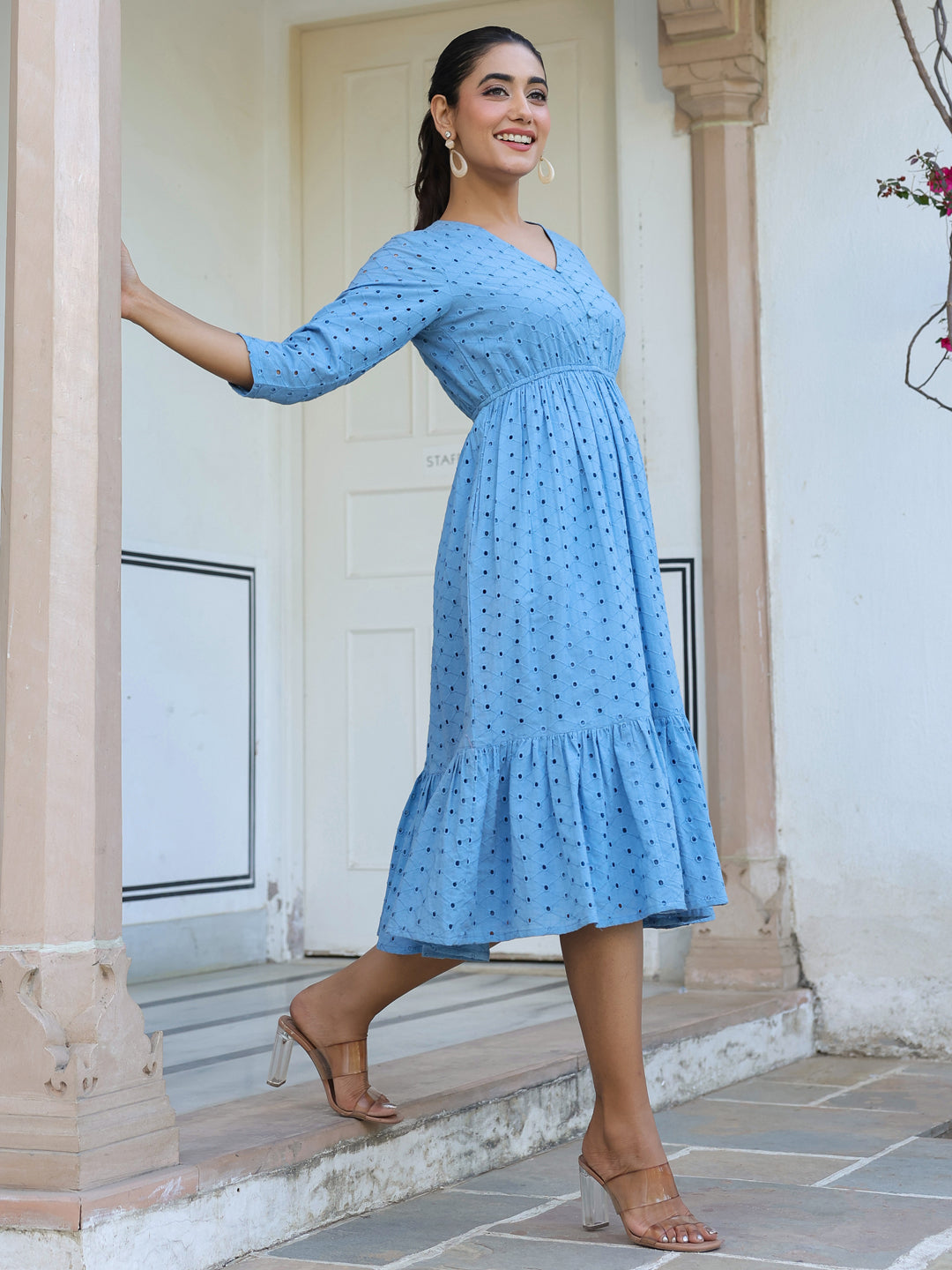 Janasya Women's Light Blue Pure Cotton Schiffli Fit & Flare Dress - qivii